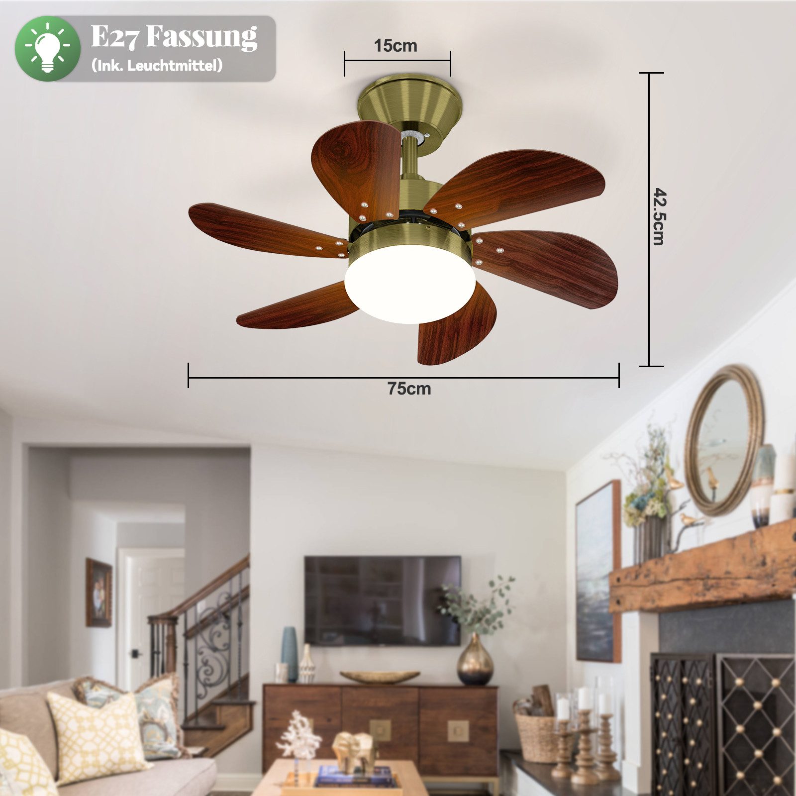 ZMH Deckenventilator Mit Licht und Fernbedienung Leise für Flur/Schlafzimmer Deckenlampe, Ø75 cm, 40W, Timer Funktion, 6 Flügeln, mit Fernbedienung
