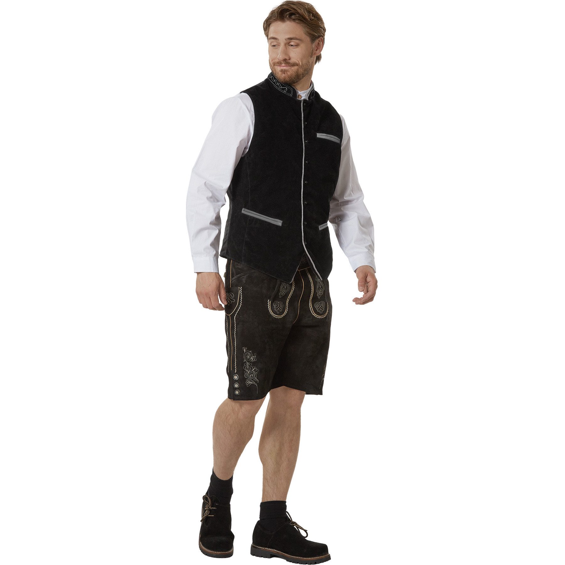 dressforfun Anzugweste Trachtenweste, vielseitig mit Lederhose, Hemd oder Jeans (Alpenweste Noah, Konfektionsgröße 56 in schwarz) Pflegeleichter Samtstoff, Steh – Bild 5 von 5