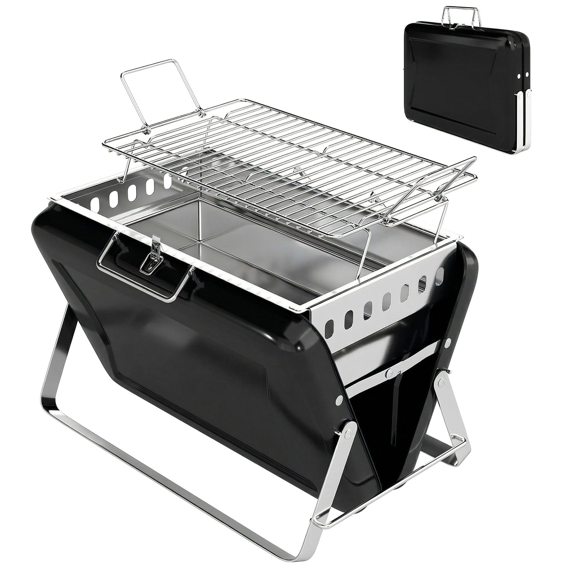 MC Star Holzkohlegrill Holzkohlegrill aus Edelstahl BBQ Smoker mit Grillrost Griff, klappbaren Beinen für Barbeque Camping 40x28x25,5cm Schwarz