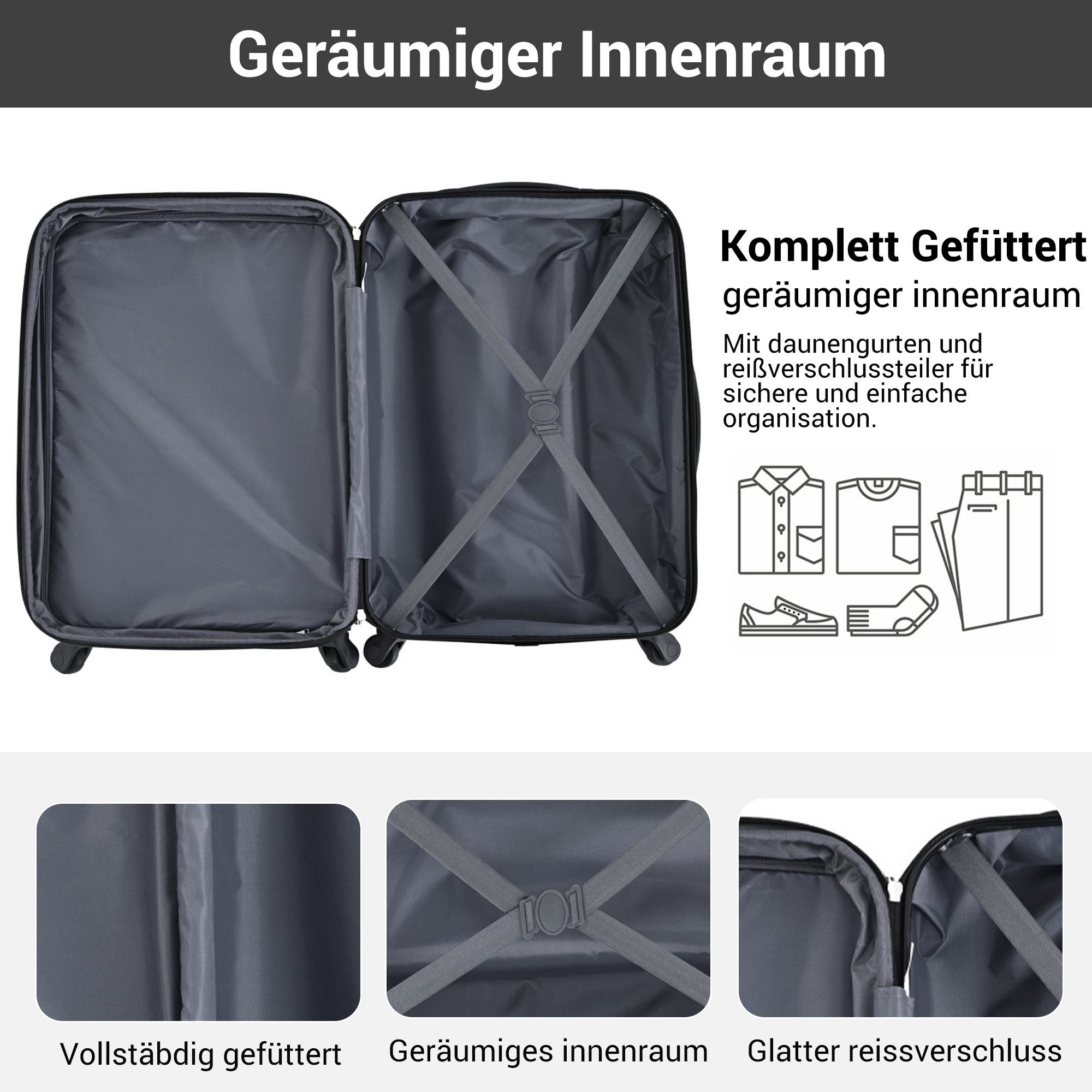 Rollen, 4 Handgepäck Reisekoffer, ABS-Material Celya M-L-XL-Set, Rollkoffer, Kofferset schwarz