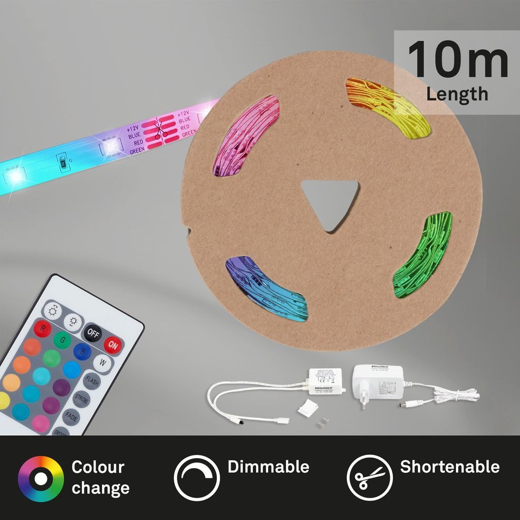Briloner Leuchten Dekolicht 2024-300, Dimmfunktion, LED fest integriert, 2700K - Extra-Warmweiß, 10m, RGB, stufenlos dimmbar, selbstklebend, kürzbar, mit Fernbedienung