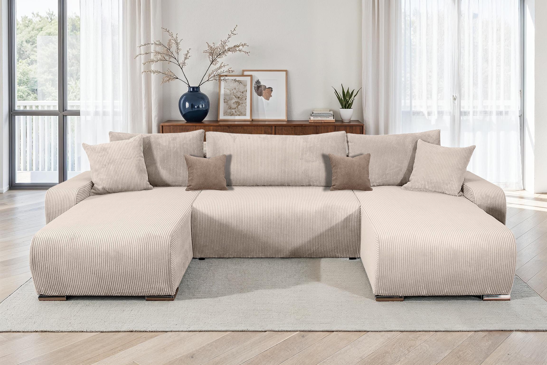 COLLECTION AB Wohnlandschaft Paola U-Form, inkl. Schlaffunktion, Stauraum, Zierkissen und Bonnellfederkern