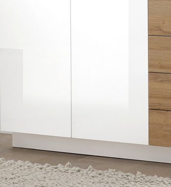 Furn.Design Stauraumvitrine Savanna (in weiß Hochglanz und Eiche hell, stehend oder hängend 45 x 166 cm) mit Push-to-Open Funktion