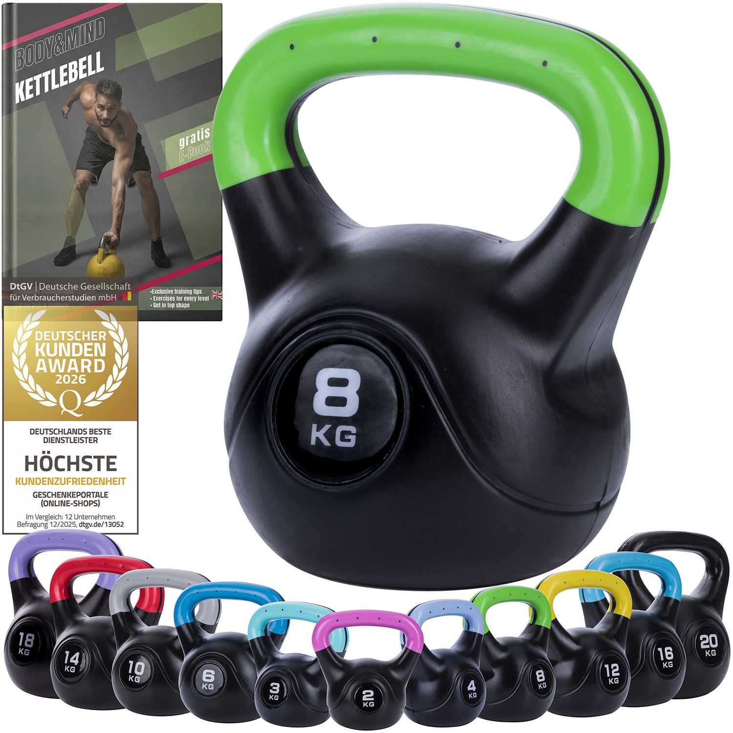 Body & Mind Kettlebell Body & Mind Kettlebell 2–20 kg – Profi Kettlebell mit Kunststoffmantel, (Profi Schwunghantel), Kraftraining Workout Gewicht (8 kg)