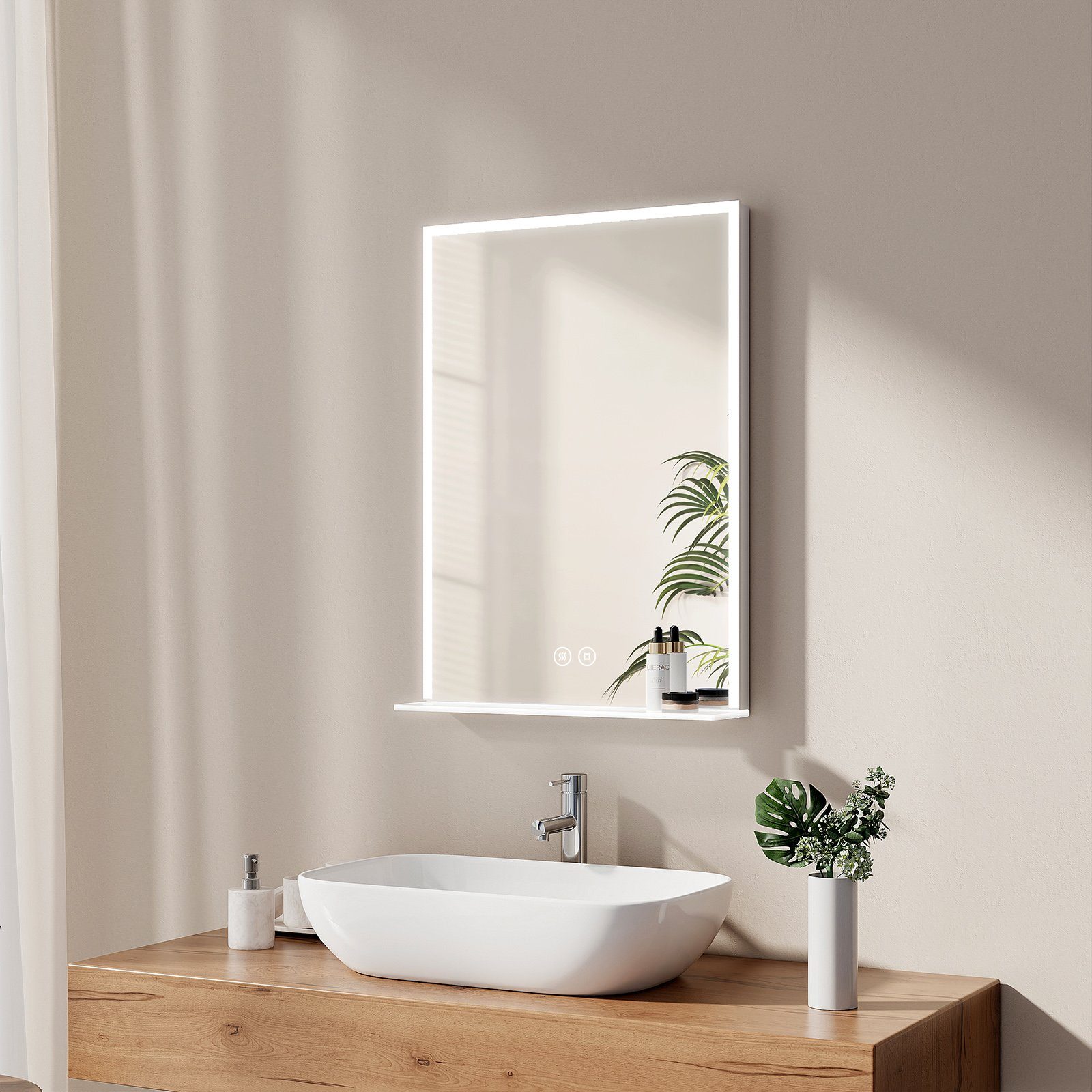 EMKE Badspiegel mit Beleuchtung Wandspiegel Kaltweiß Lichtspiegel, mit Ablage und Beschlagfrei Dimmbar 50x70cm