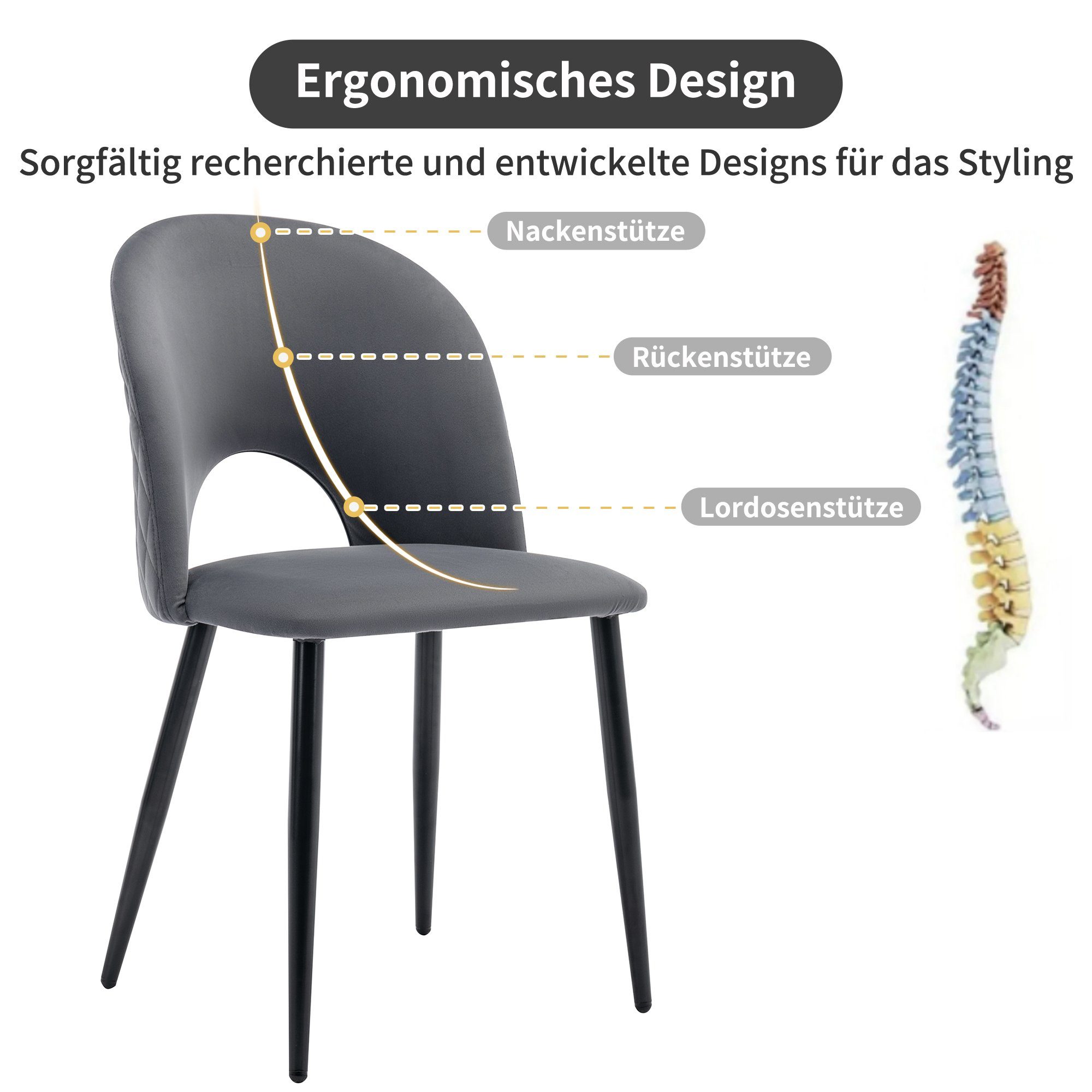 Set, Diamantmuster,Verstellbare Rechteckiger 4 stuhl Stuhlbeine) Essgruppe REDOM Esstisch Grau-Stühlen+Gold-Esstisch Moderner Mit Küchentisch mit (Esstisch