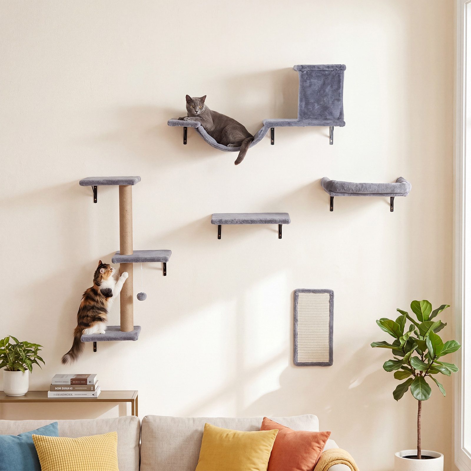 COSTWAY Kratzbaum, 5 in 1 Kletterwand Katzen Set, Katzenwand, Kratzbrett