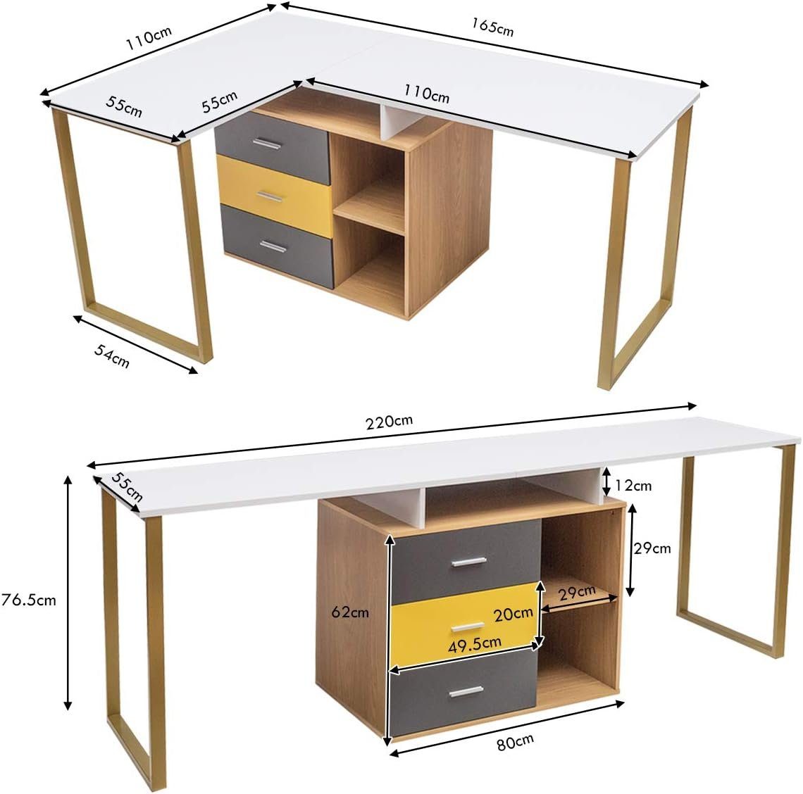 für 220cm, Personen Eckschreibtisch Schreibtisch 2 KOMFOTTEU Winkelkombination