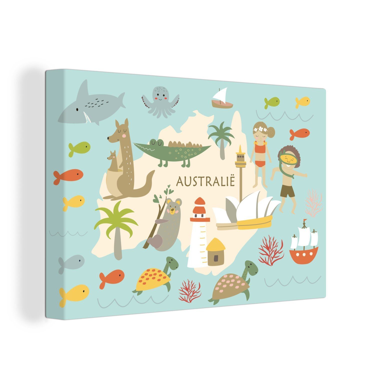 OneMillionCanvasses® Leinwandbild Weltkarte Kinder - Australien - Farben, (1 St), Wandbild Leinwandbilder, Aufhängefertig, Wanddeko, 30x20 cm