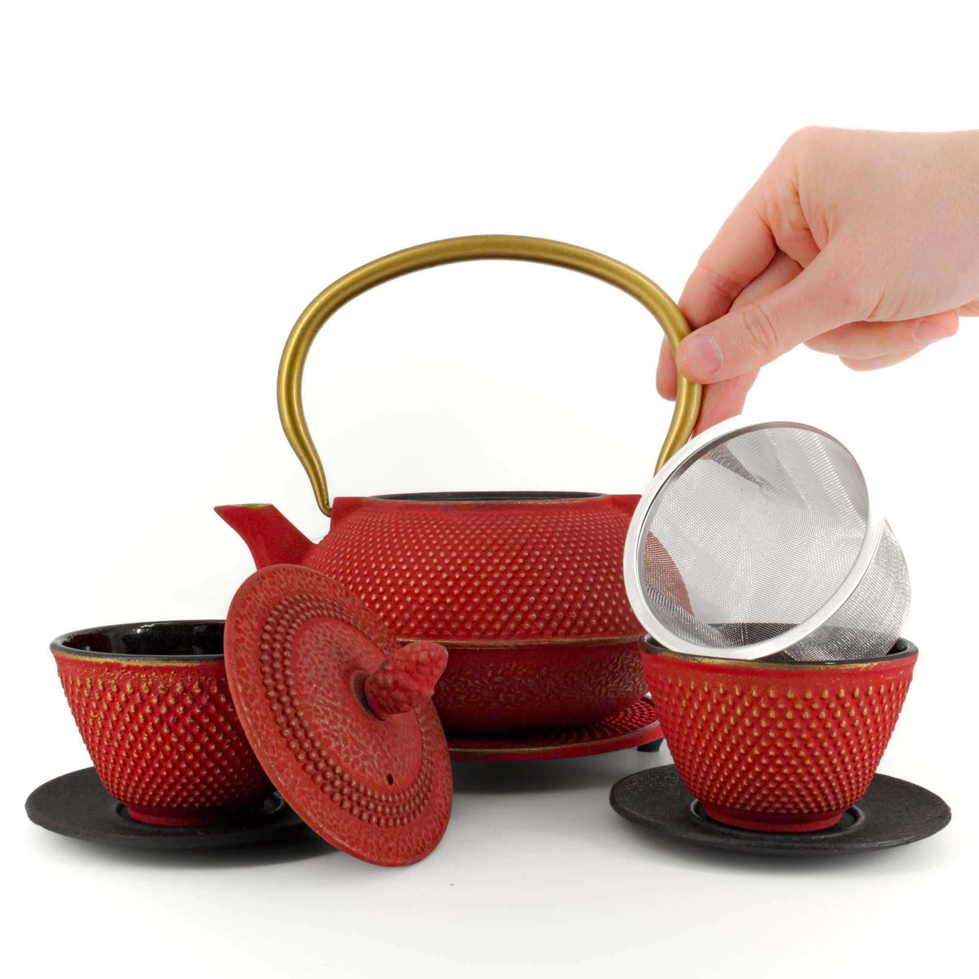 teayumi Teekanne ARARE Tetsubin Komplett-Set Gusseisenkanne 900 ml Rotgold, 0.9 l, (Komplett-Set, 8-teilig), mit herausnehmbaren Edelstahlsieb, mit Henkel