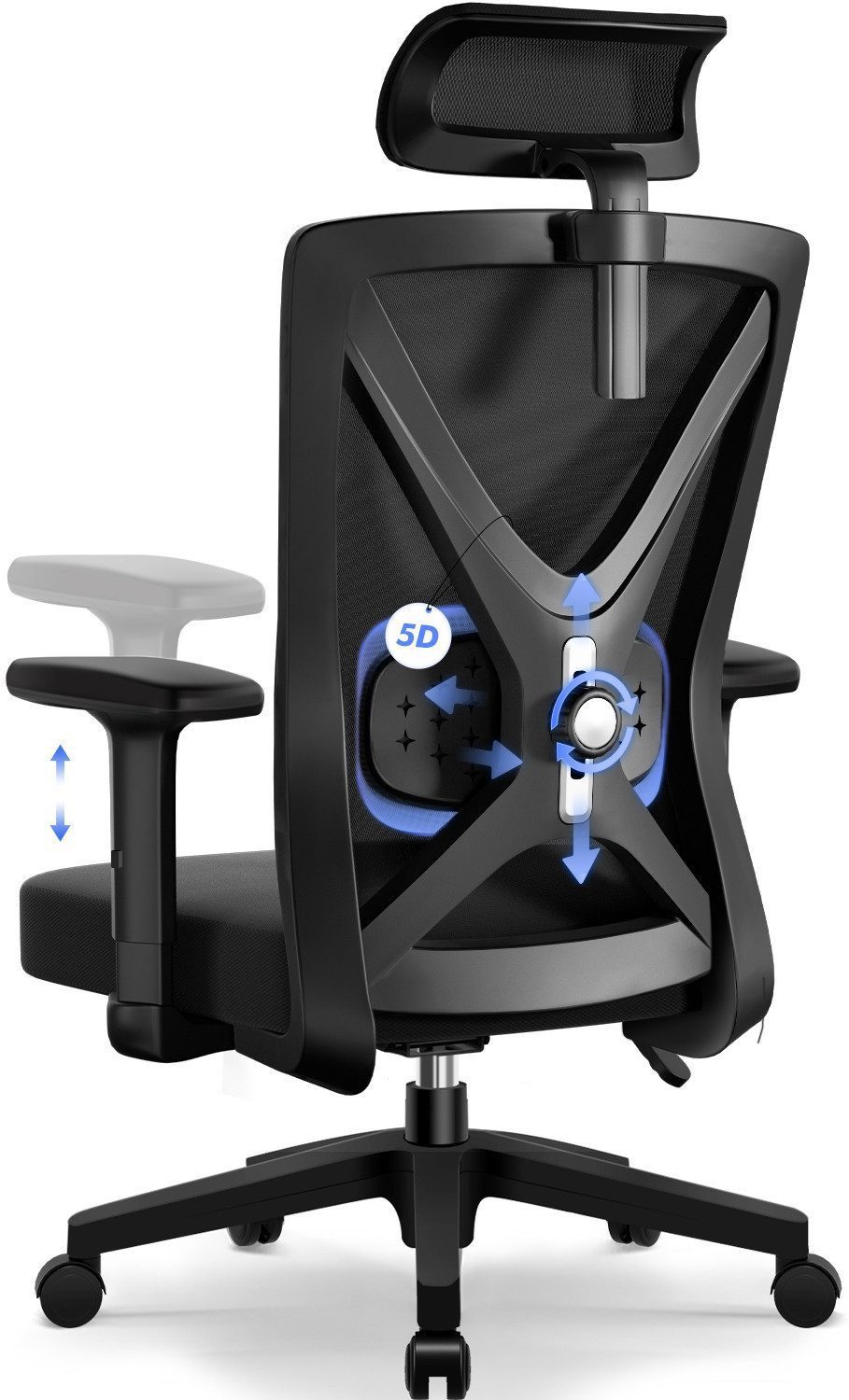 Hiazurm Bürostuhl Bürostuhl, Chefsessel, Ergonomischer Schreibtischstuhl, Computerstuhl (Verstellbare gepolsterte Lendenwirbelstütze, gepolsterte Armlehnen und Kopfstützen, Wippfunktion bis 130°,geräuscharmen Rollen, höhenverstellbar), Atmungsaktiver Netzbezug,Bis 150 kg