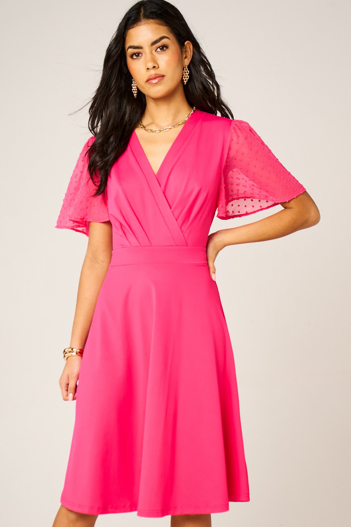 FS Collection Sommerkleid Damen Midikleid Sommerkleid Freizeitkleid Wickeloptik Kurzarm Elegant (XS (EU:36 / UK:8) · S (EU:38 / UK:10) · M (EU:40 / UK:12) · L (EU:42 / UK:14) · XL (EU:44 / UK:16) Wickeloptik, Chiffonärmel, Falten-Details