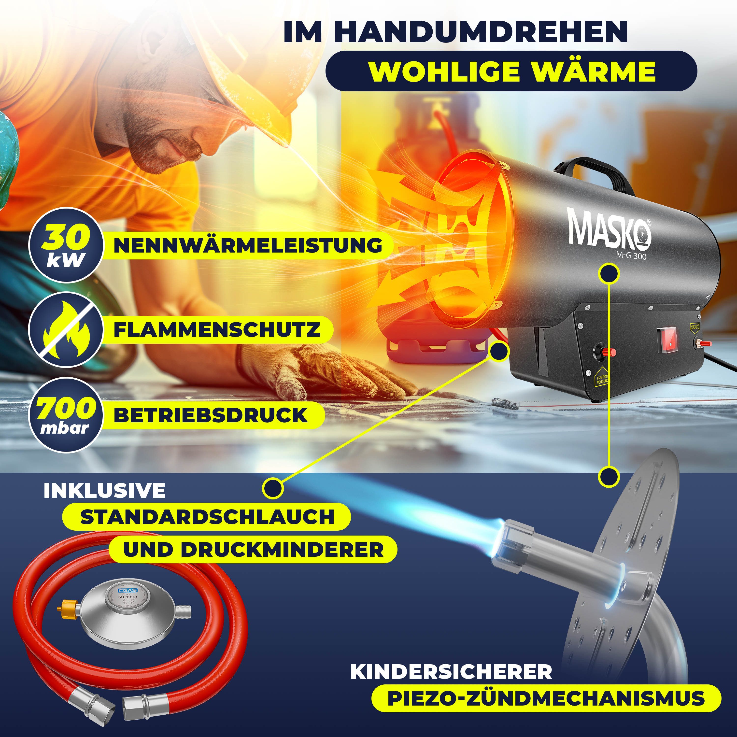 MASKO Heizgerät gasbetrieben inkl. Gasschlauch & Druckminderer Anschluss zu Gasflasche, 30000 W, Gas Heizlüfter mit Turbo Ventilator, Gasheizer Piezo-Zündung