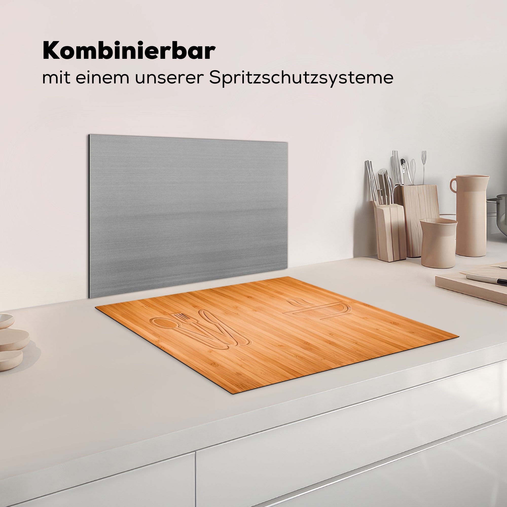 Suppe, (1 tlg), MuchoWow Holztextur von - Herdblende-/Abdeckplatte 60x52 Ceranfeldabdeckung Mobile Druck - Besteck Arbeitsfläche Vinyl, nutzbar, Holz - cm,