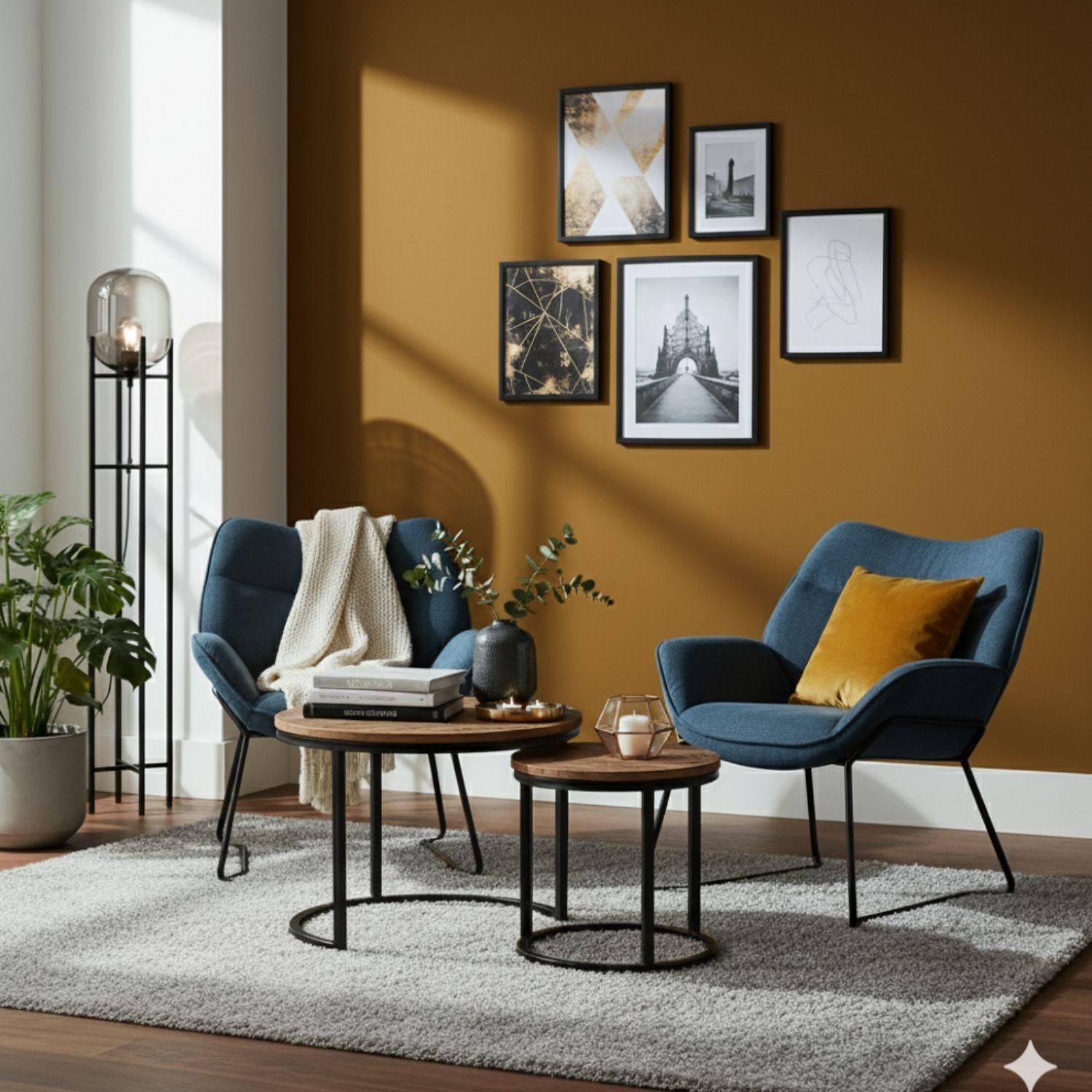 bene living Loungeset Möbelset Couchtisch Fermo, 2er Set Sessel Aliano blau, (4-tlg), Arm- und Rückenlehne - feines Mangoholz - Metall-Gestell