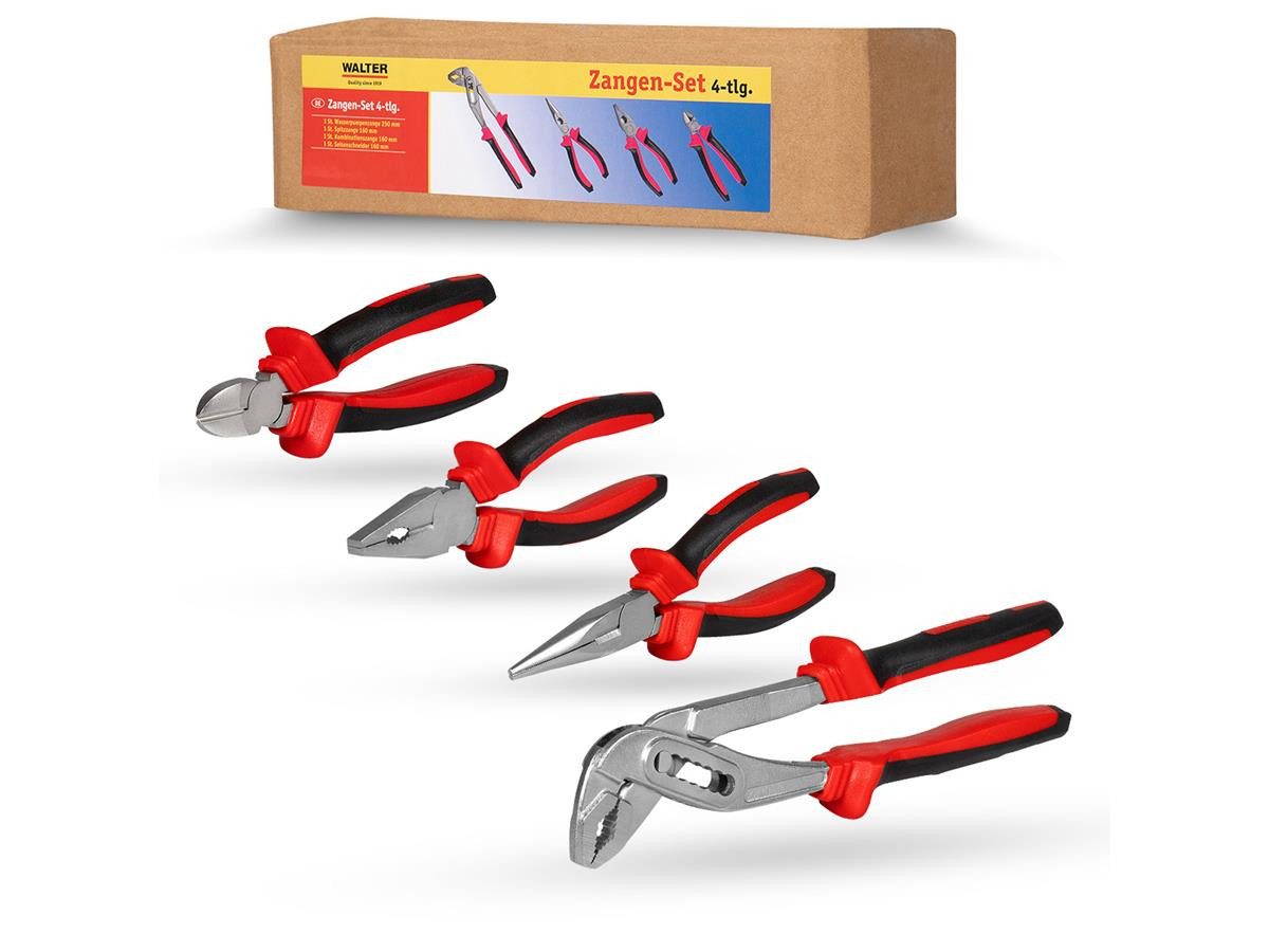 WALTER Zangenset Zangen-Set 4-teilig, 4-tlg., Wasserpumpenzange, Seitenschneider, Kombinationszange, Spitzzange
