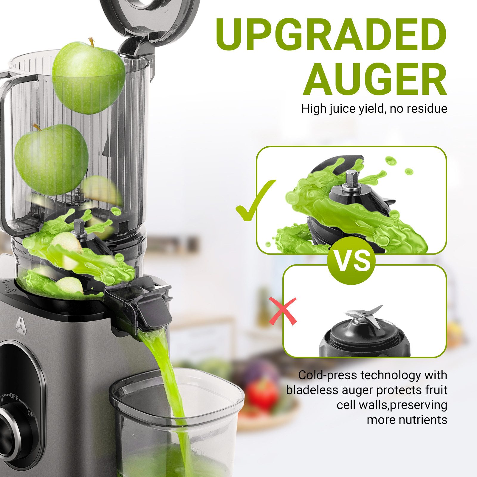 AMZCHEF Slow Juicer CE-JS2OT304-IG, 220 W, inklusive Bürste und 2 Bechern