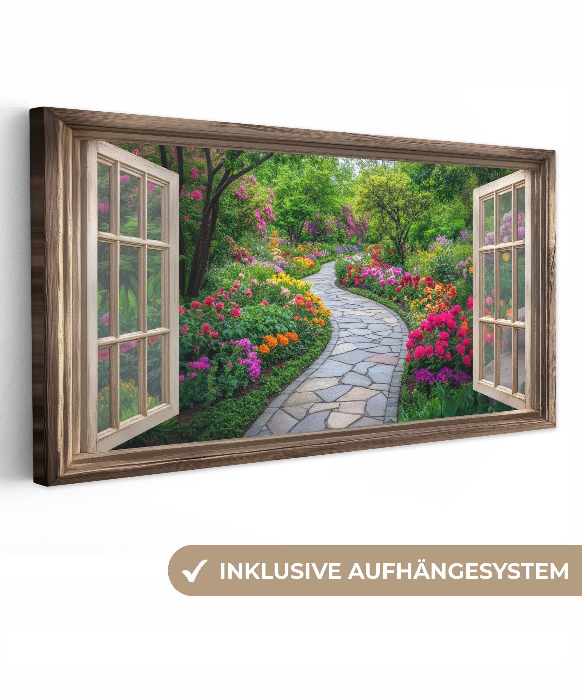 OneMillionCanvasses® Leinwandbild Panorama Aussicht - Blumen - Gartenweg - günstig online kaufen