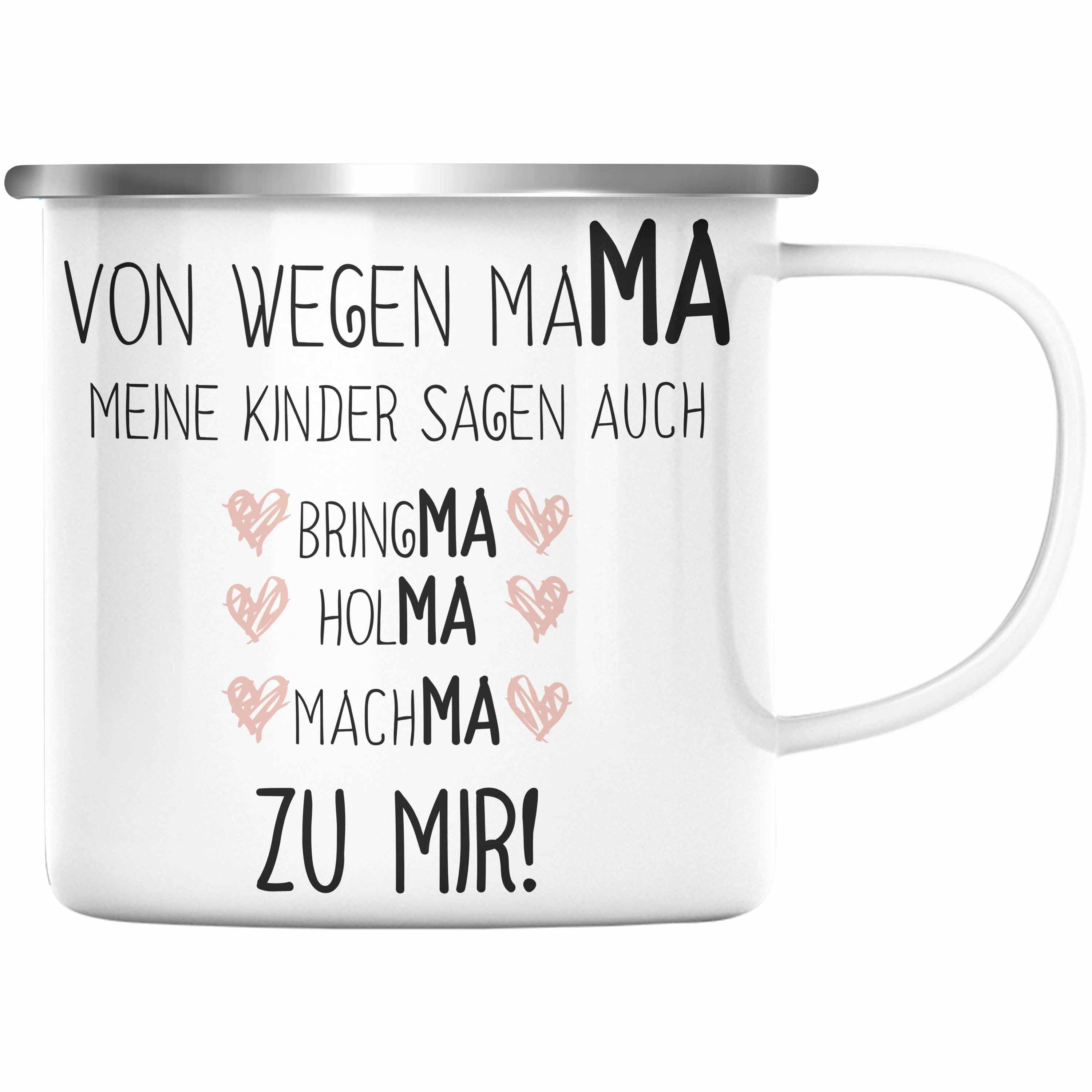 Trendation Thermotasse Trendation - Mama Emaille Tasse mit Spruch Geschenk Muttertag von Tochter Sohn Mutter KaffeeEmaille Tasse Silber