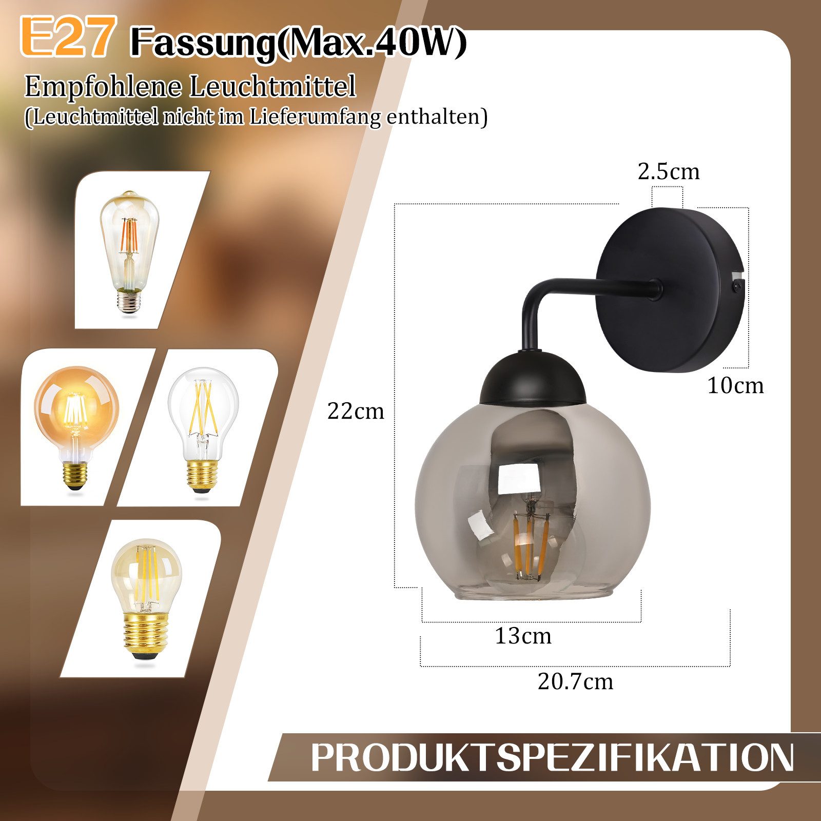 Nettlife Wandleuchte innen Vintage E27 Glas Schwarz Flurlampe industrial Wandbeleuchtung, LED wechselbar, Rund retro Bettlampe für Wohnzimmer Schlafzimmer Restaurant