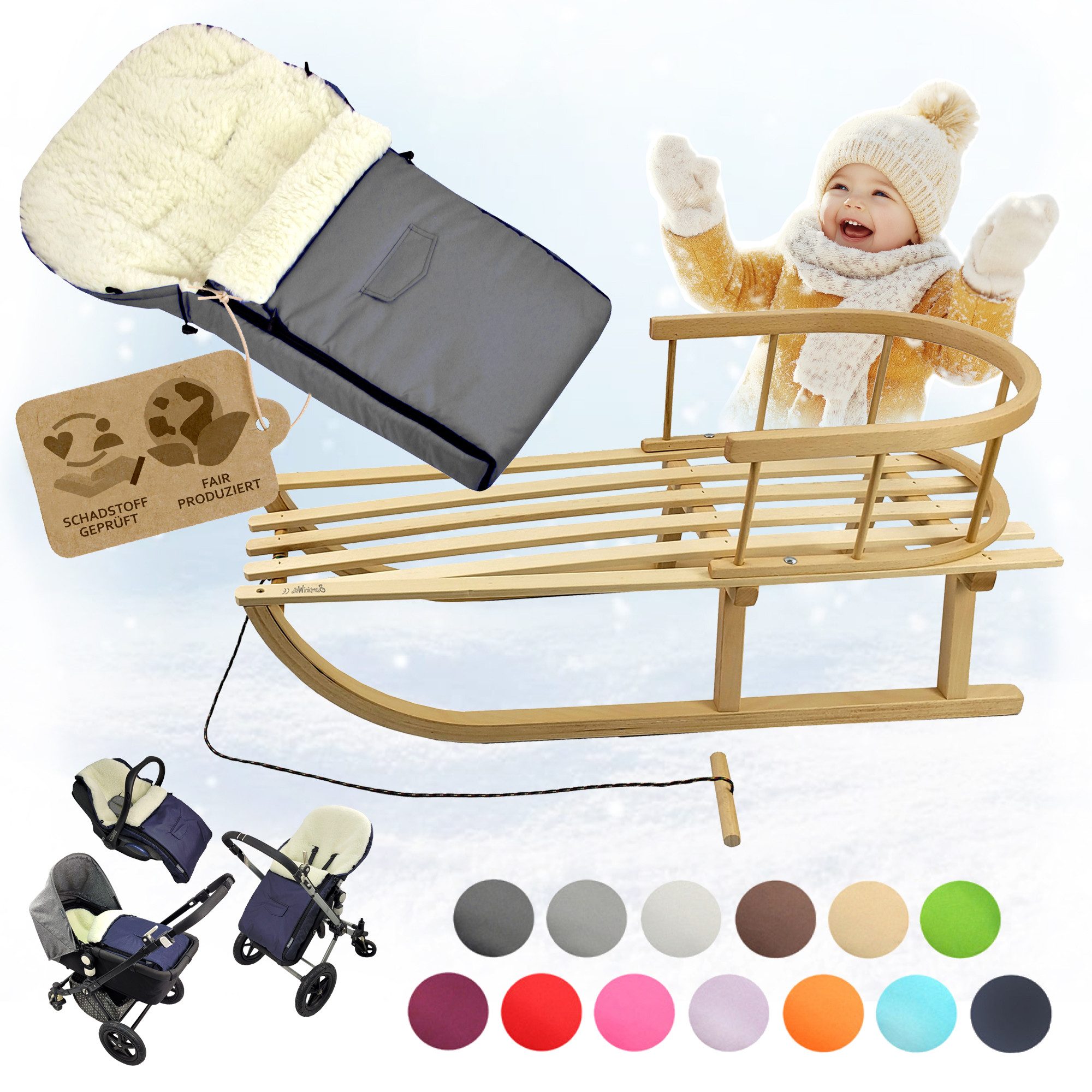 BambiniWelt by Rafael K. Санки CE-HOLZSCHLITTEN mit Rückenlehne Zugleine + WINTERFUßSACK Wolle 90cm, Kombi-Angebot