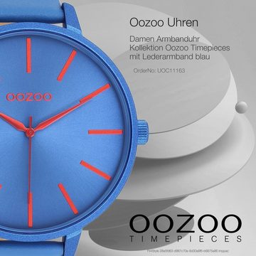 OOZOO Quarzuhr Oozoo Damen Armbanduhr Timepieces Analog, Damenuhr rund, extra groß (ca. 48mm), Lederarmband blau, Fashion