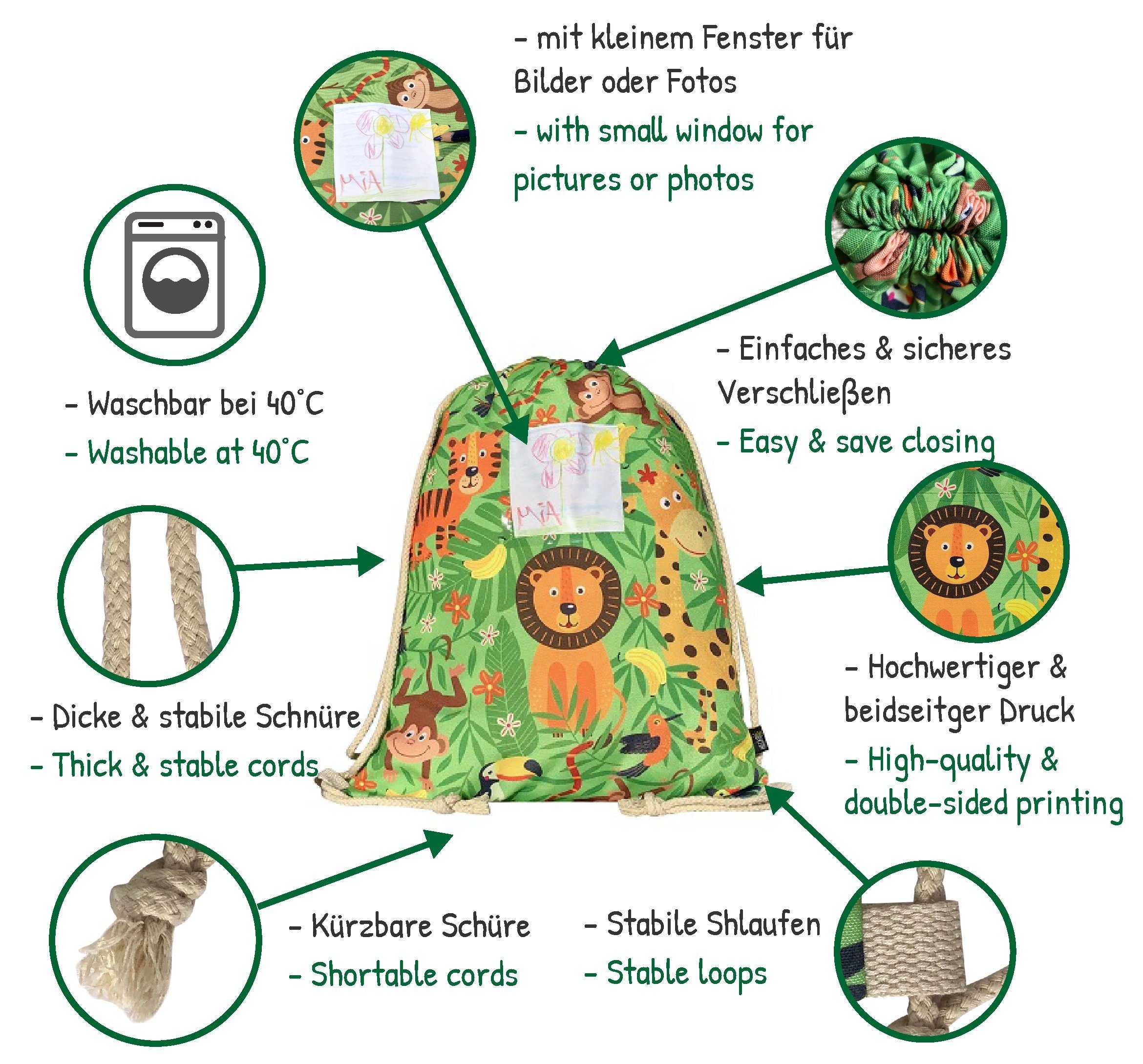 HECKBO Turnbeutel Mädchen Kinder Jungen Turnbeutel inkl. Sichtfenster für Bilder & Fotos - Dschungel - waschmaschinenfest - 40x32cm - Kindergarten - Rucksack, Tasche, Sporttasche Kinder, Sportbeutel