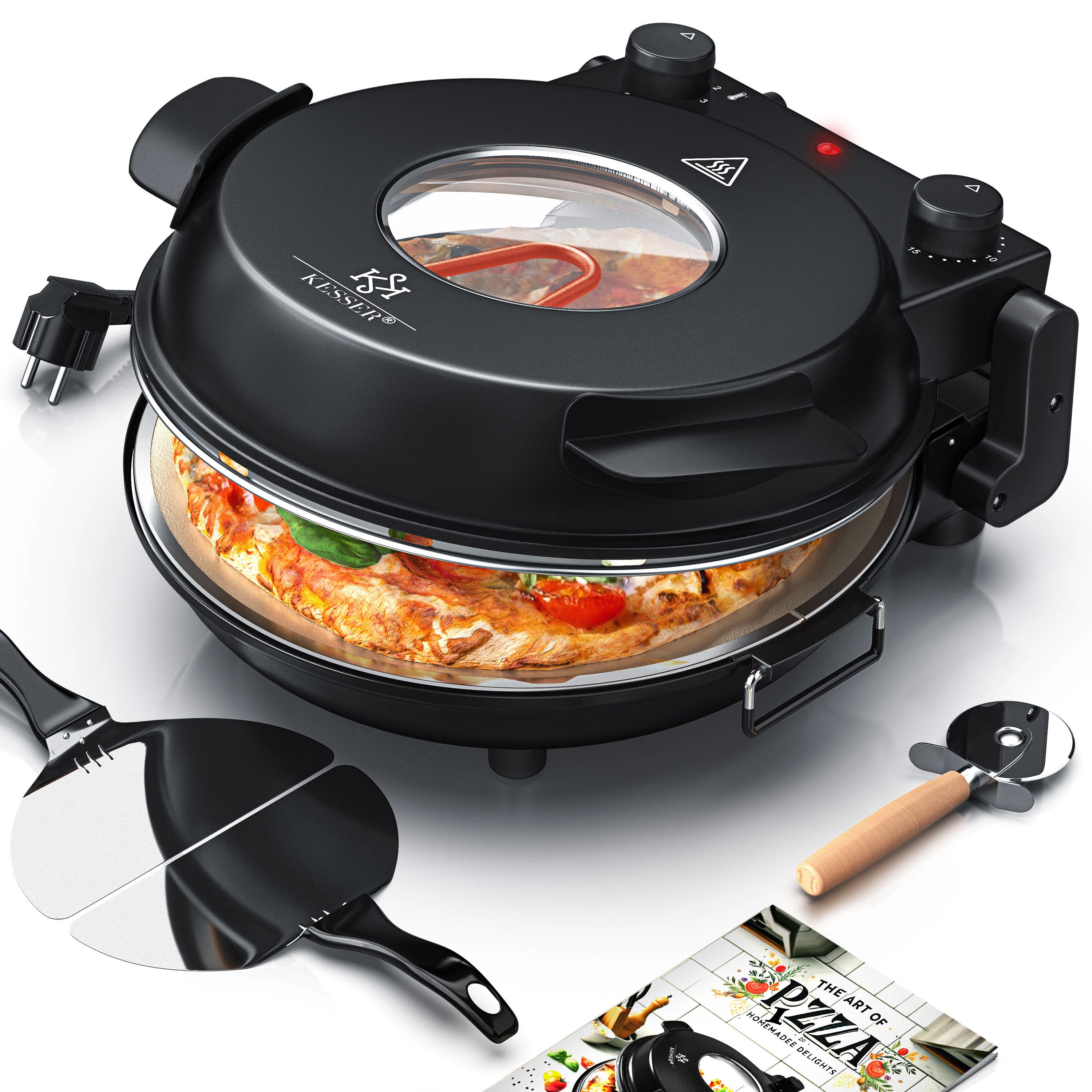 KESSER Pizzaofen 400°C mit feuerfestem Pizzastein ⌀32cm & 5 Heizstufen Steinofen Pizza, 1200W Elektrischer Pizzabäcker mit Timer, Pizzaschneider & Rezeptbuch