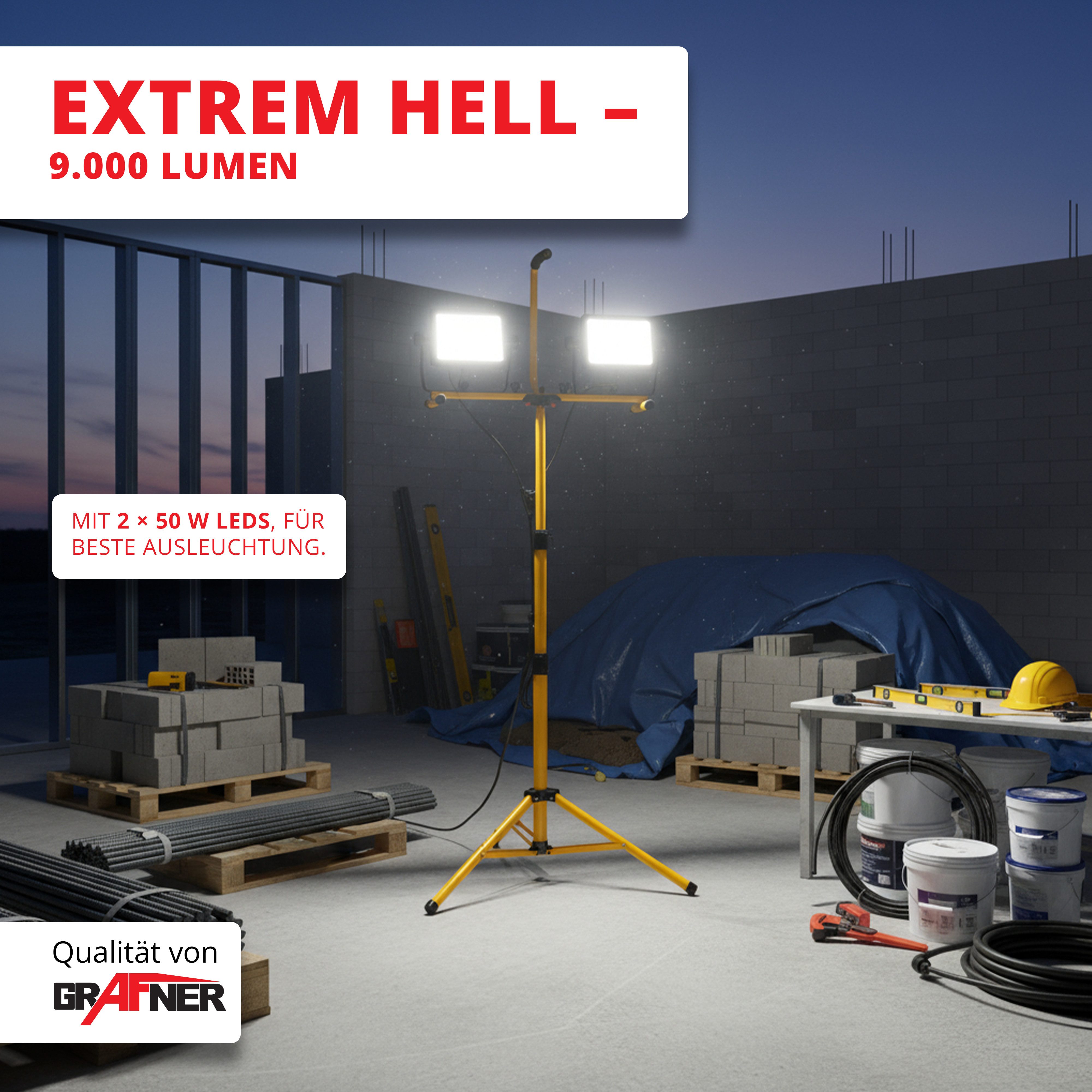 Grafner LED construction spotlight with tripod, 2 x 50W, 9000lm, including remote control, integrated LEDs, construction spotlight, floodlight