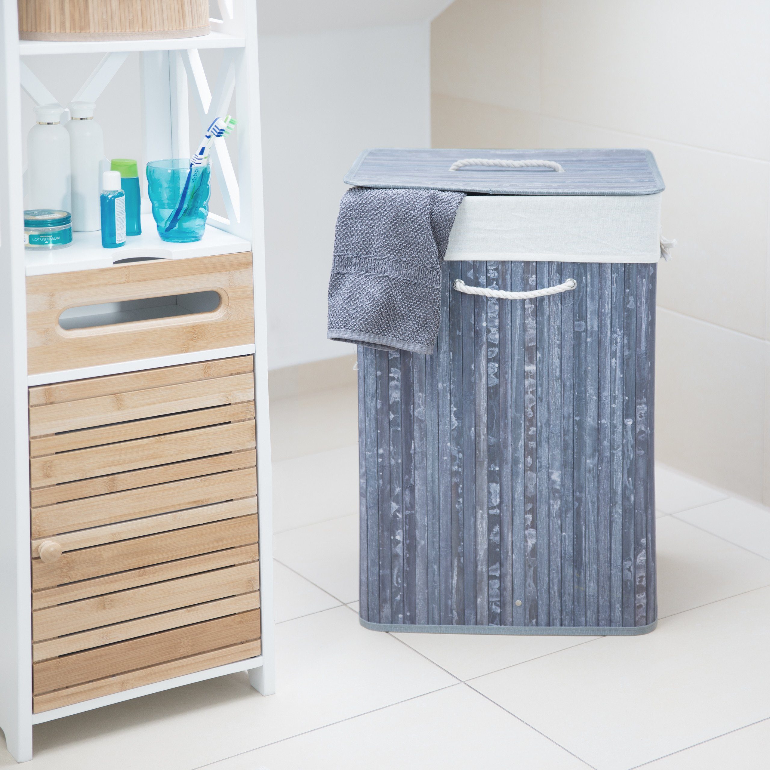relaxdays Wäschekorb Bambus eckig, Grau günstig online kaufen