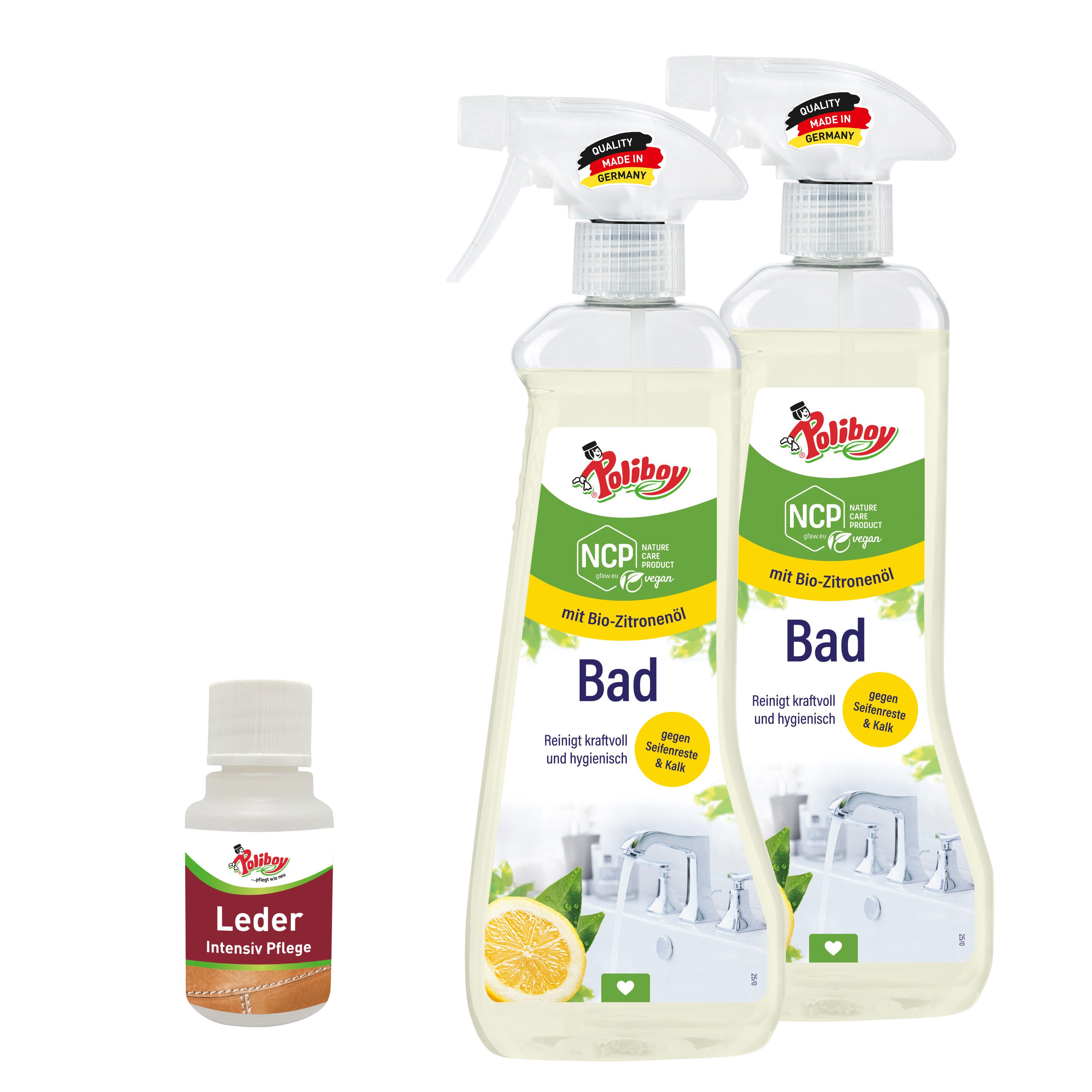 poliboy NCP Reiniger 2er Set - je 500ml - Sprühflasche - mit Leder Probe Badreiniger (gegen Kalkreste und Wasserflecken im Badezimmer - Made in Germany)