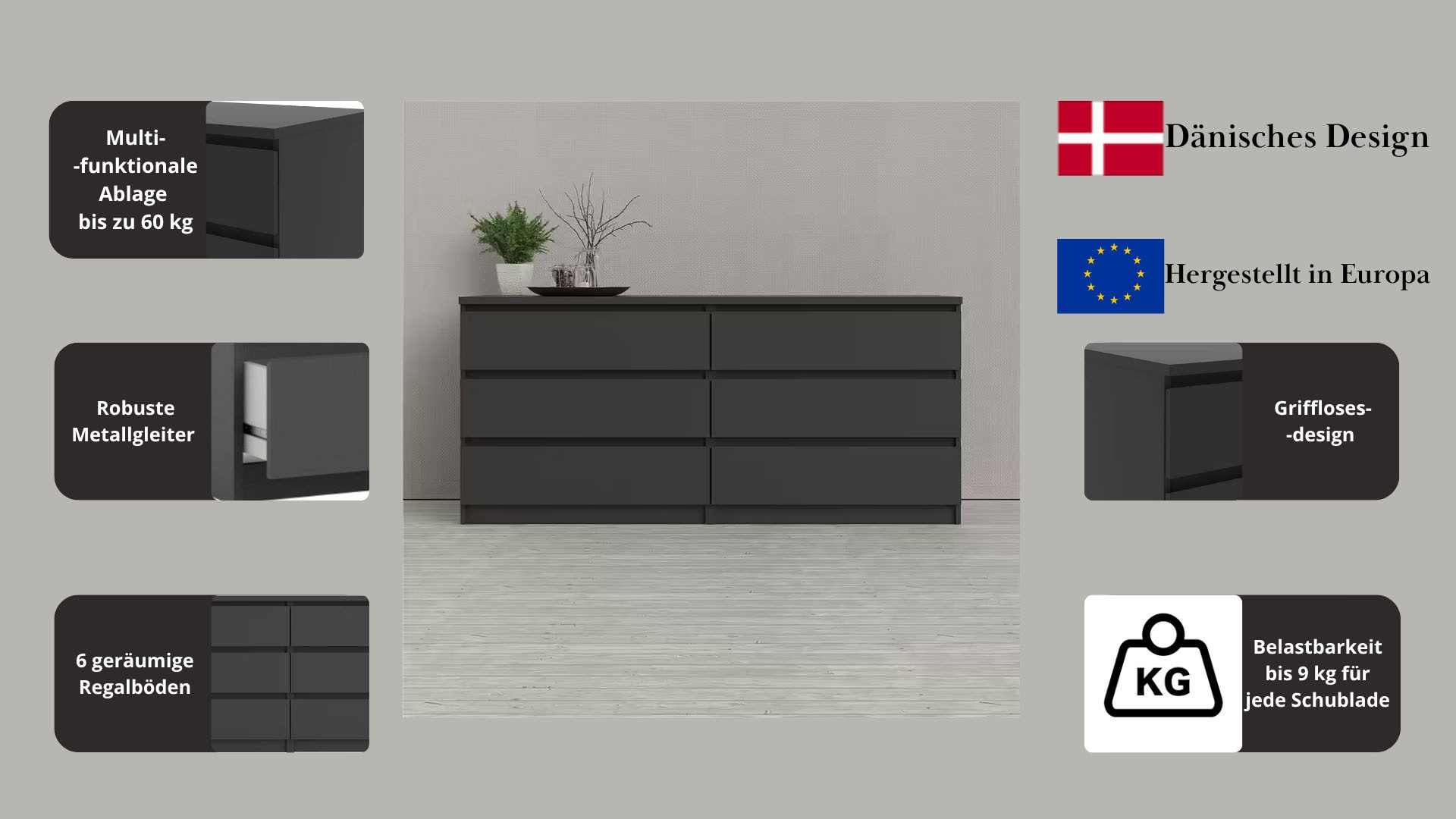 INOSIGN Kommode Naia, Aufbewahrung, 6 Schubladen, grifflose Front, viel Stauraum, Modern, skandinavisches Design, in mehrere Farben, Metallgleiter