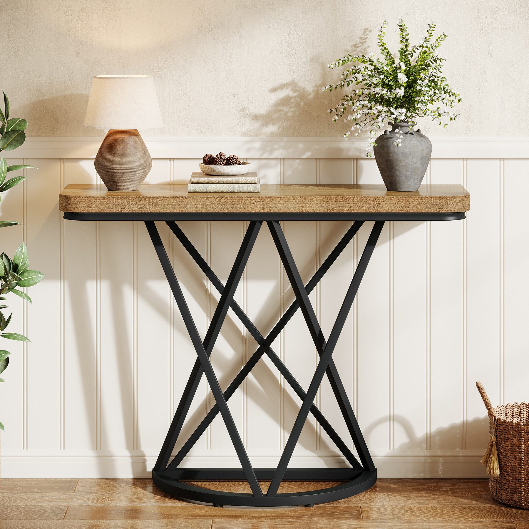 Konsolentisch 105cm Industrieller Eingangstisch mit Metallgestell Schmales Sofatisch