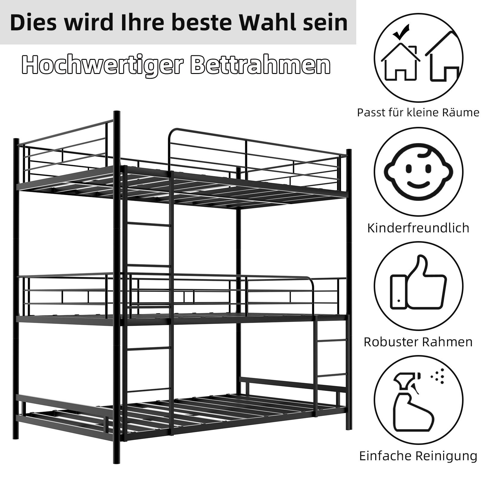 ANYSUN Etagenbett Schweres Dreifach-Rahmenbett,Kinderbett Metallbett (Dreierbett 90x200cm mit eingebauter Leiter und durchgehendem Geländer), bodensicher für Ki – Bild 5 von 5