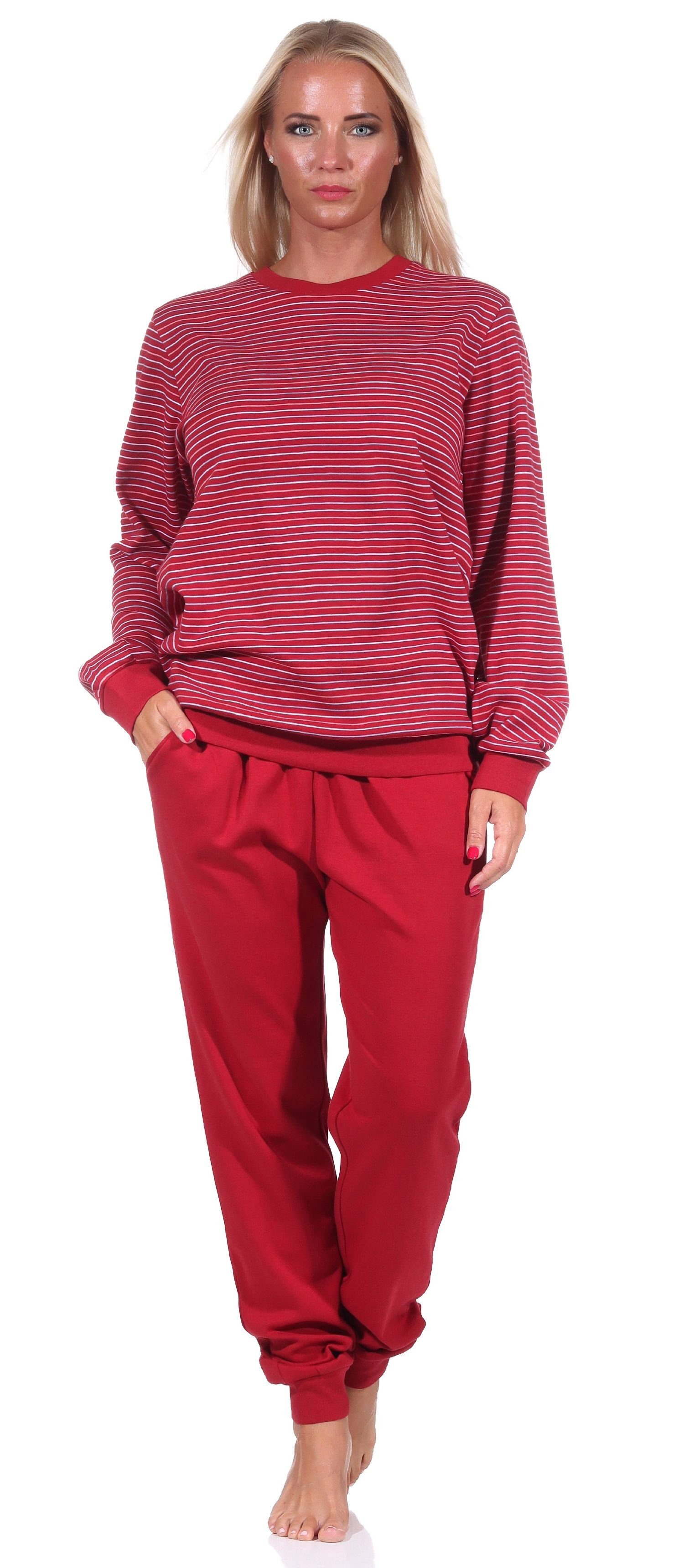 Normann Pyjama Kuscheliger Interlock Damen Schlafanzug mit Bündchen in Streifenoptik rot