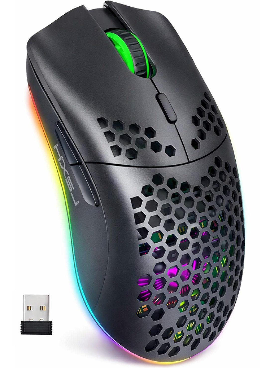 RUHE RGB Gaming Maus Kabellos Wireless Laut Maus Beleuchtung Plug & Play Gaming-Maus (Funk, 2.5G, USB-Dongel, Kabelgebunden Aufladbar, Drahtlos, Optische Maus, 3600 dpi, 10M Einstellbar DPI Schwarz Weiß 6 Tasten für Laptop/PC/Mac/Computer)