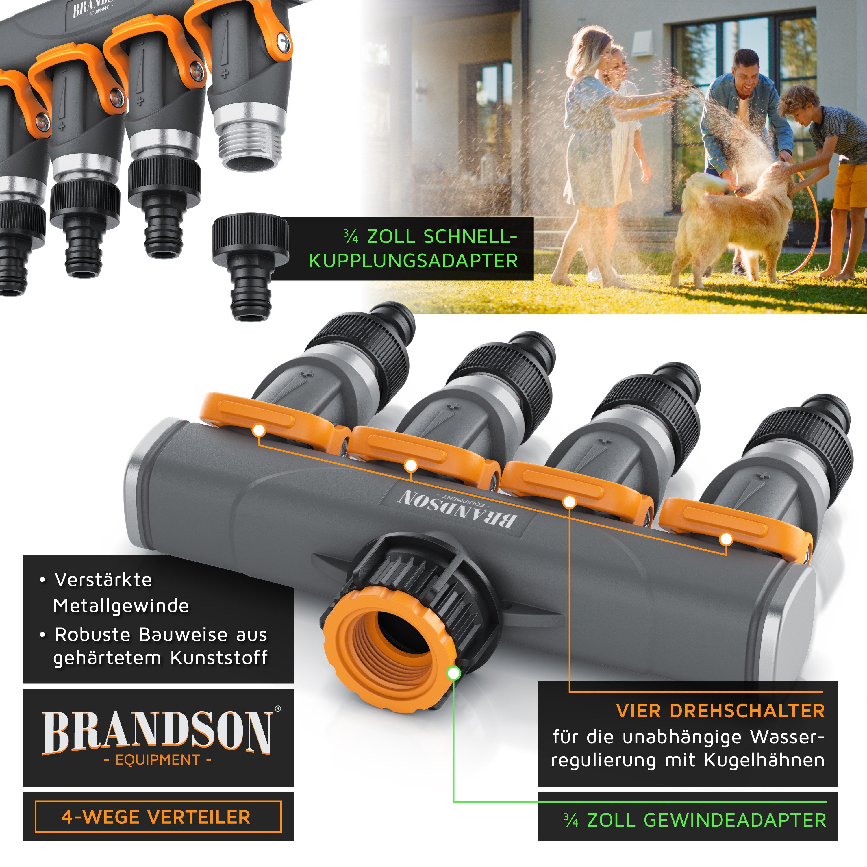 Brandson 4-Wege Verteiler 4-fach Schlauchverteiler, Gartenschlauch Wasserverteiler, 3/4 1/2 Zoll, (1-tlg), Schmaler Wasserhahn Schlauch Verteiler Regulierbar, Gartenbewässerung
