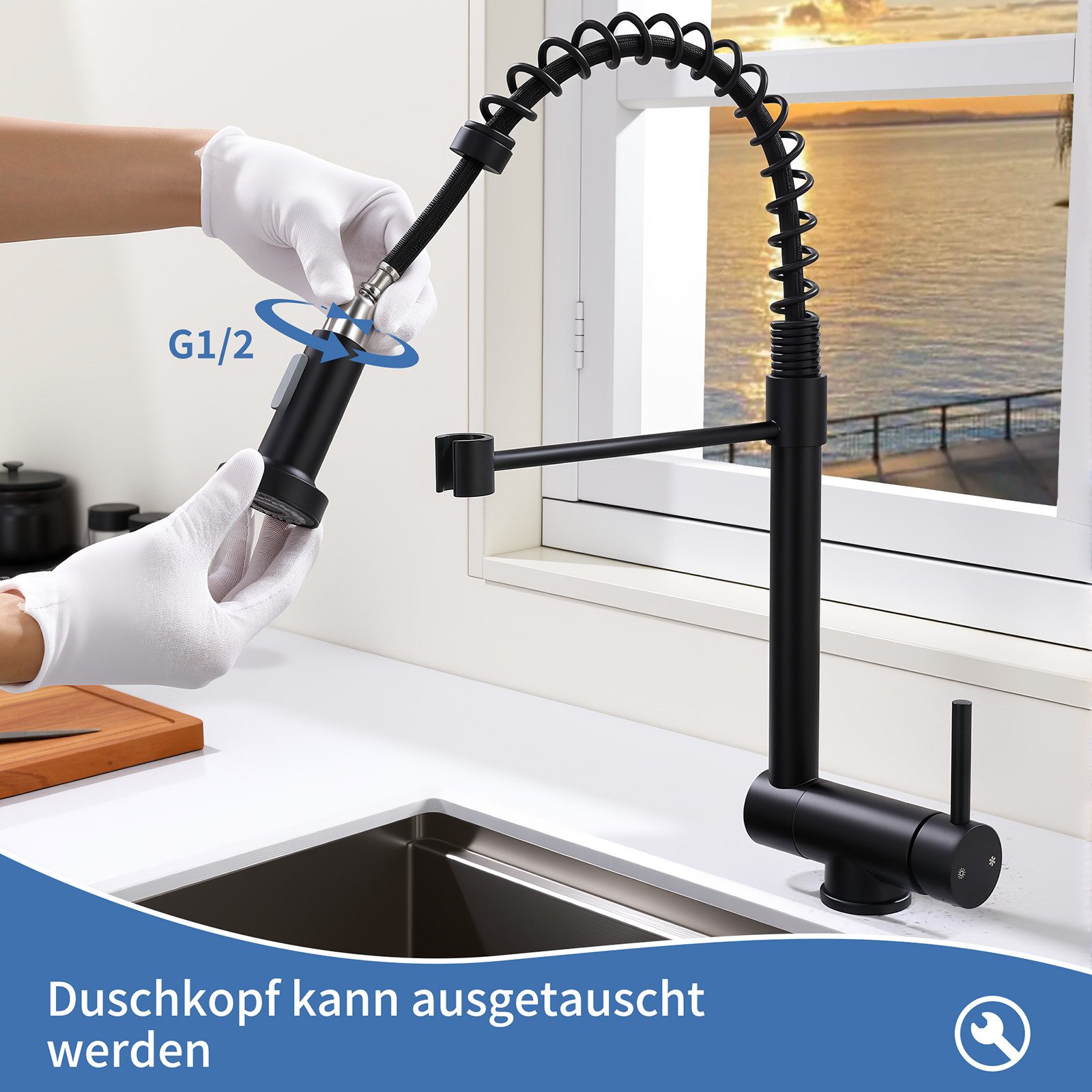 DESFAU Küchenarmatur Vorfenster Wasserhahn, 360° Drehbare, Unterfenster Klappbar 180° Spültischarmatur,zwei Strahlarten,Edelstahl 304,Schwarz – Bild 4 von 5