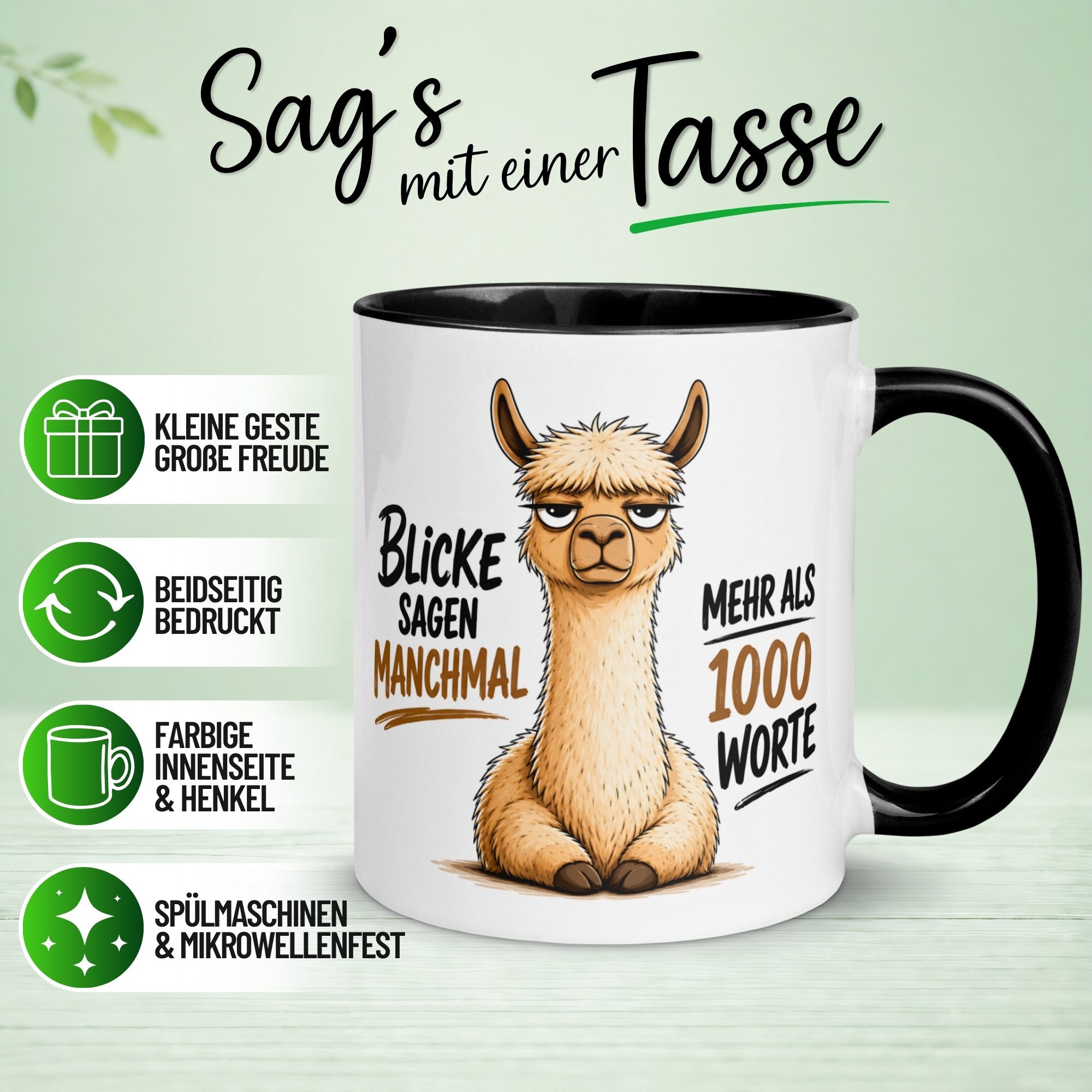 Momentals Tasse Alpaka – „Blicke sagen manchmal mehr als 1000 Worte“ – lustiger Becher, Gratis Versand · Links-&Rechtshänder · Spülmaschinenfest