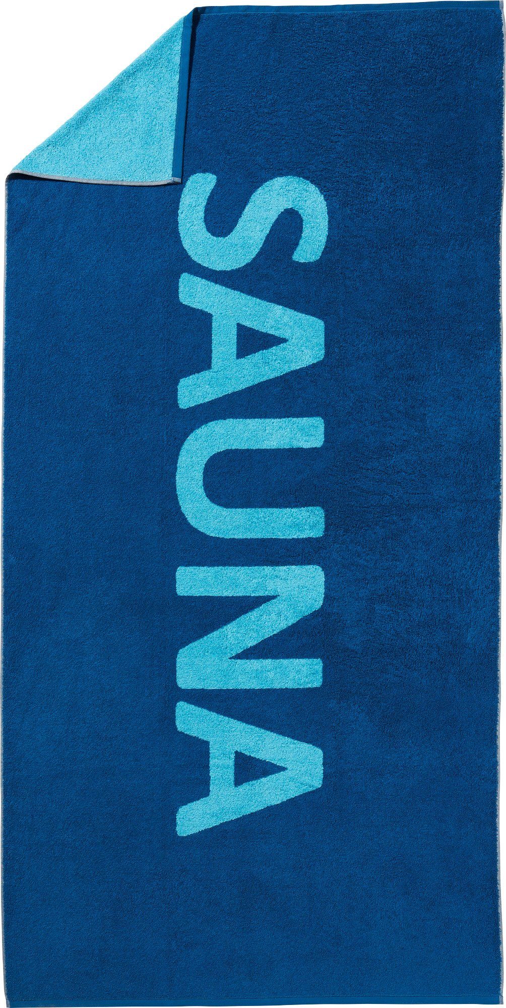Walkfrottier blau-türkis Schriftzug (1-St), Saunatuch, Saunatuch Walk-Frottier Müller Erwin