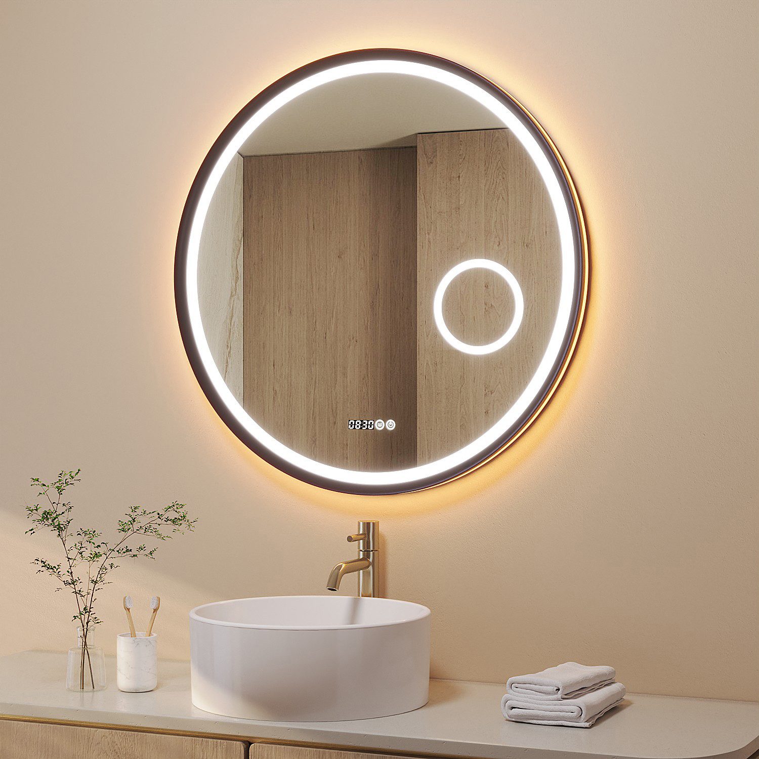 AQUALAVOS Badspiegel LED Runder Schminkspiegel Φ80cm mit Beleuchtung Dimmbar Wandspiegel, Lichtspiegel mit Digitaluhr, 3-fache Vergrößerung, Antibeschlag
