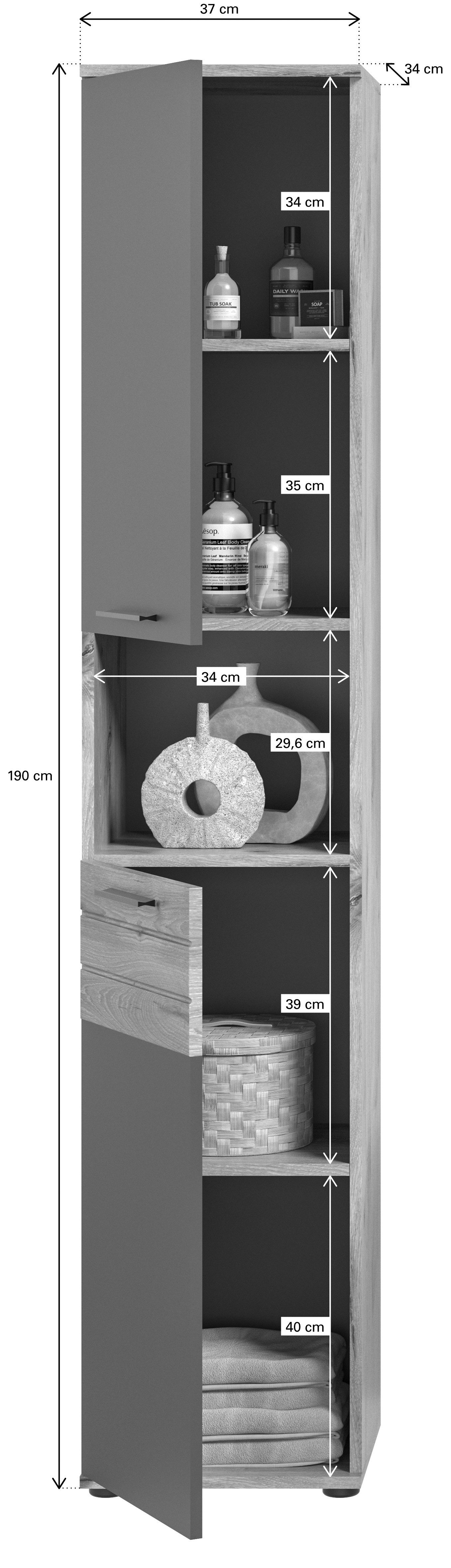 INOSIGN Badmöbel-Set Riga, 5 teilig, inklusive LED Beleuchtung, bestehend aus:, (Set, 5-St), Hochschrank, WBU, Spiegelschrank, Unterschrank, Hängeschrank