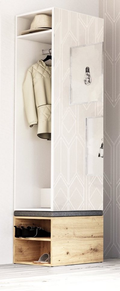 GuenstigEinrichten Kompaktgarderobe Brighty (Garderoben-Set 2-teilig in weiß  oder Eiche Artisan, 50 x 190 cm) mit Sitzpolsterung und Spiegel