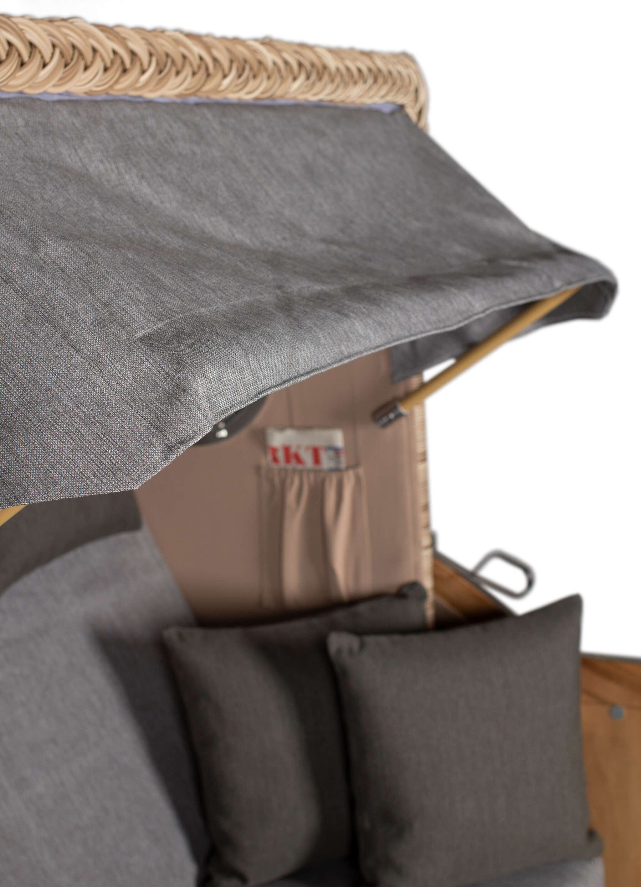 MR.DEKO Strandkorb 2-Sitzer Düne Teak PE Shell Bullauge 125x80x170cm, BxTxH: 125x80x170 cm, Volllieger, Düne, (Fertig montierter Strandkorb für Garten, Terrasse & Balkon), Wetterfester Volllieger mit Edelstahlbeschlägen & waschbaren Polstern