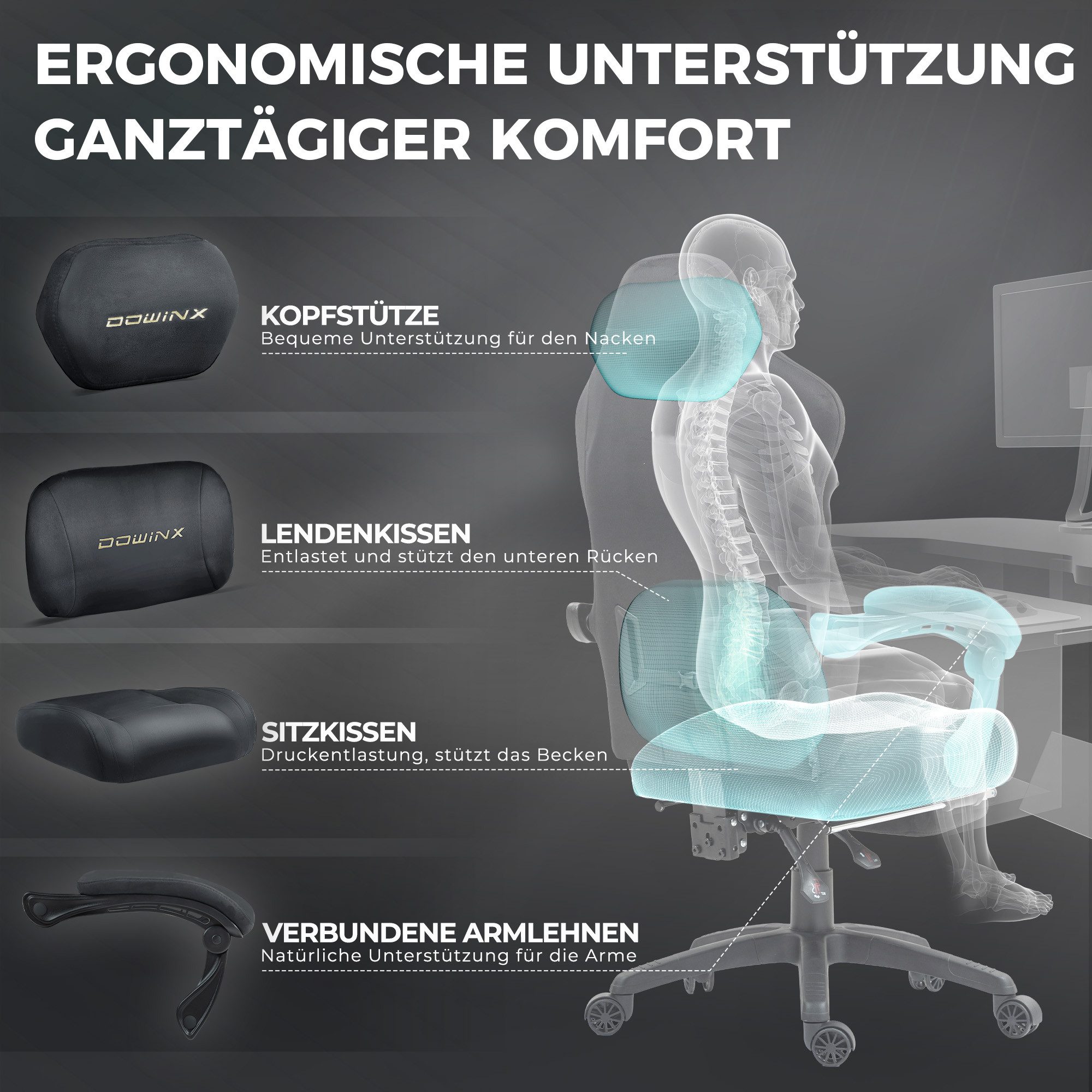 Dowinx Gaming-Stuhl Atmungsaktiver und Ergonomischer Bürostuhl aus Mikrofaser-Velours (Packung), Weiches Sitzgefühl, Verstellbarer Schreibtischstuhl mit Fußstütze