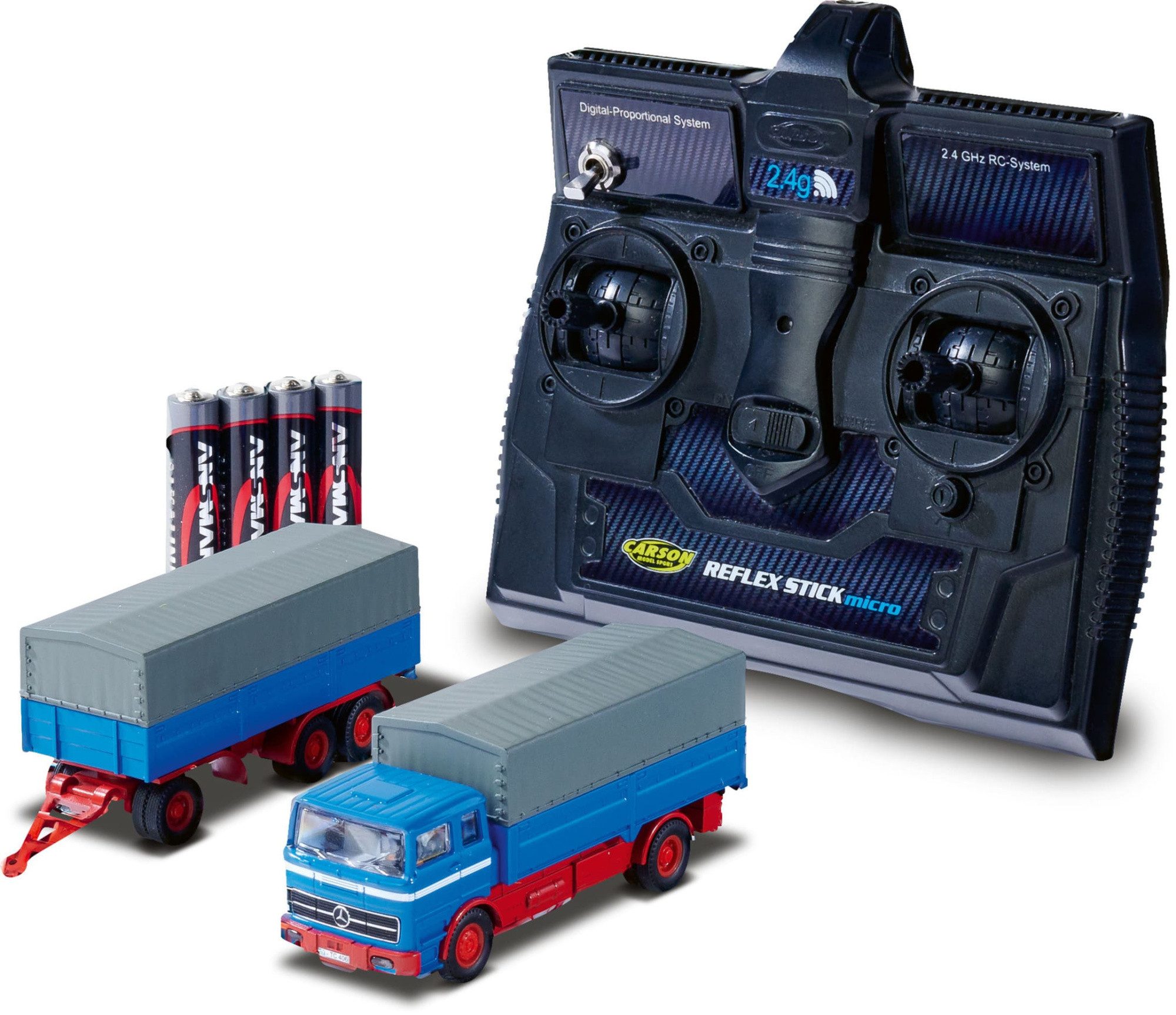 CARSON Modelleisenbahn Startpaket Carson 1:87 MB 1620 Plane mit Anhäng.100%RTR blau Eisenbahn