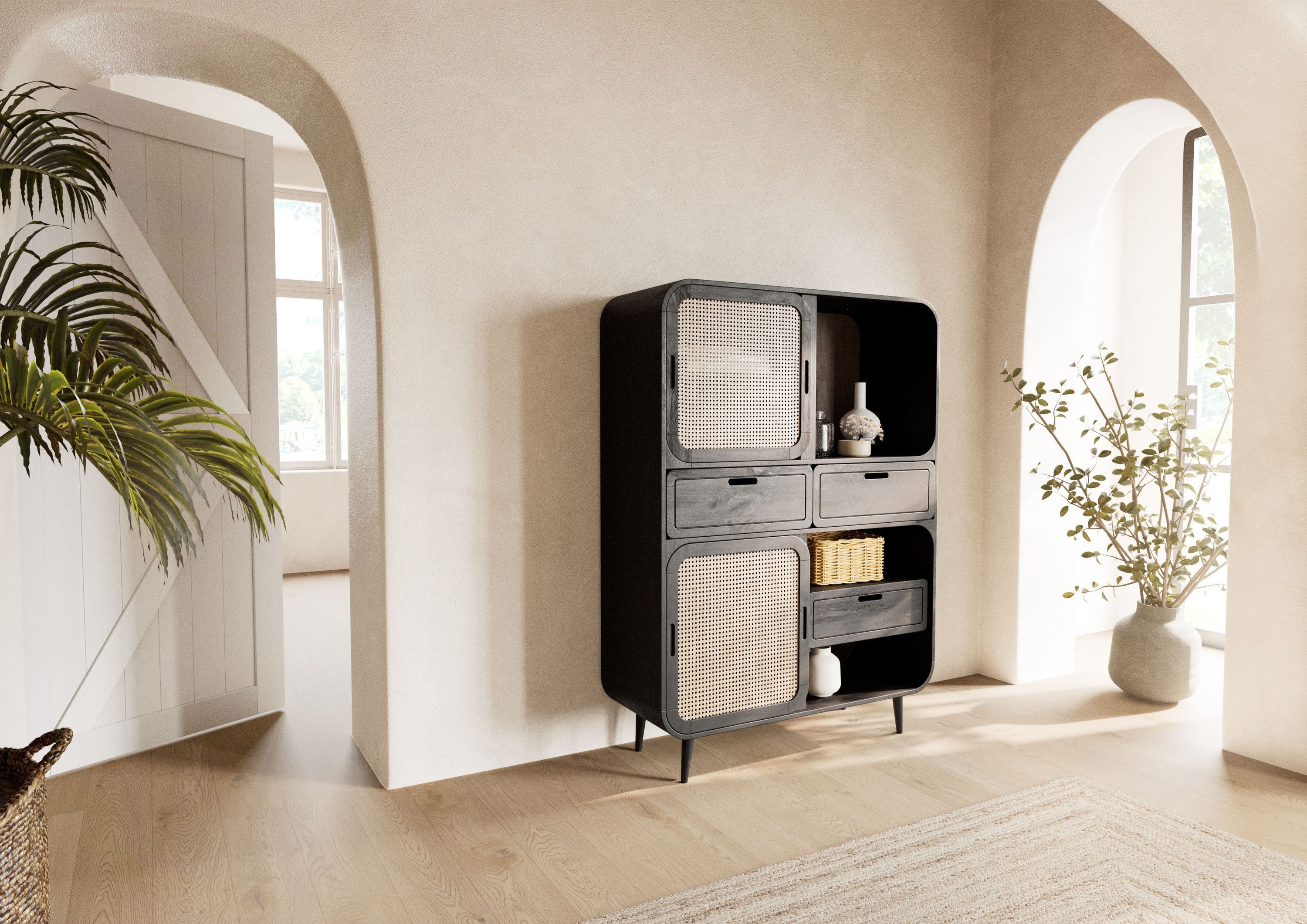 Massivmoebel24 Highboard VALENCIA (Massivholz), Mango 110x40x150 dunkelgrau lackiert VALENCIA #210