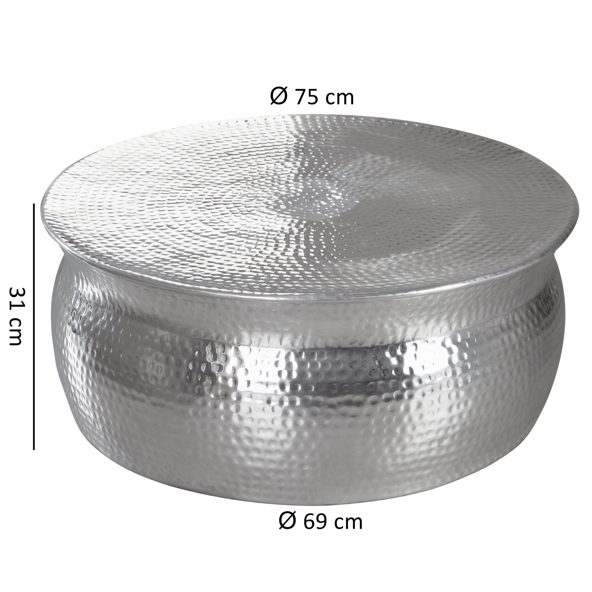 FINEBUY Couchtisch SuVa12222_1 Wohnzimmertisch Sofatisch rund Hammerschlag Loungetisch (75x31x75 cm Aluminium Hammerschlag Silber Rund), Sofatisch Orientalisch, Großer Wohnzimmertisch