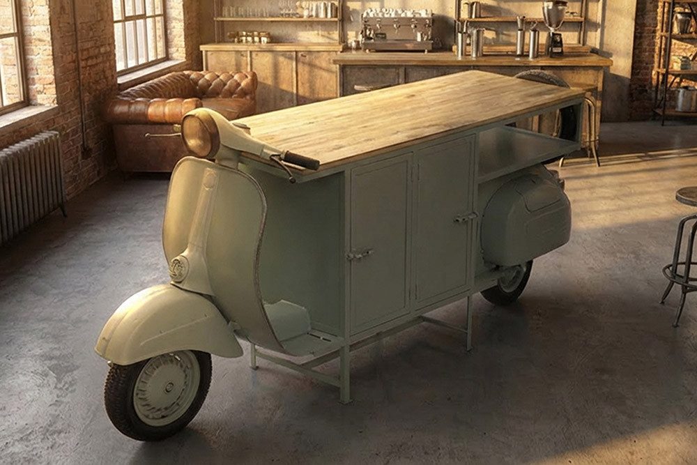 riess-ambiente Barschrank SCOOTER 250cm salbei/natur - Metall, Mango, Motorroller, Upcycling (Einzelartikel, 1-St) Lackierte Retro-Konsole - ideal für Wohn- und Esszimmer oder Küche