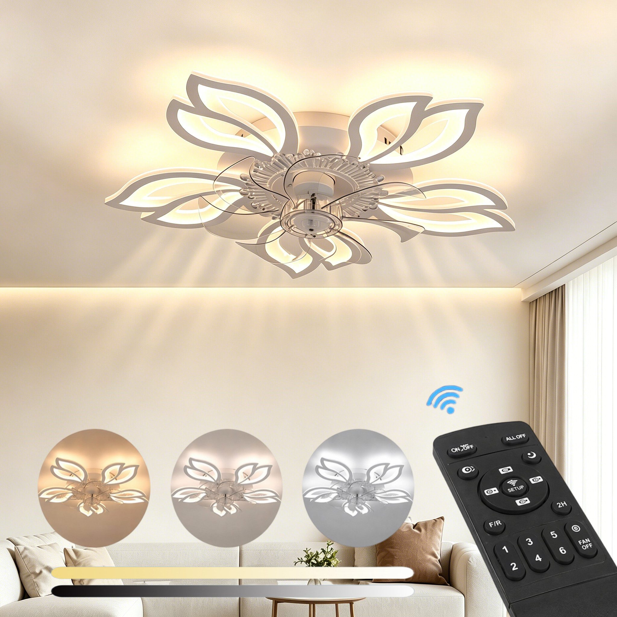 oyajia Deckenleuchte 85W Deckenventilator mit Lampe, Fernbedienung Leise Ventilator Dimmbar, LED fest integriert, Naturweiß, Kaltweiß, Warmweiß, Deckenlampe Mit Leise Ventilator 6 Geschwindigkeiten Für Wohnzimmer